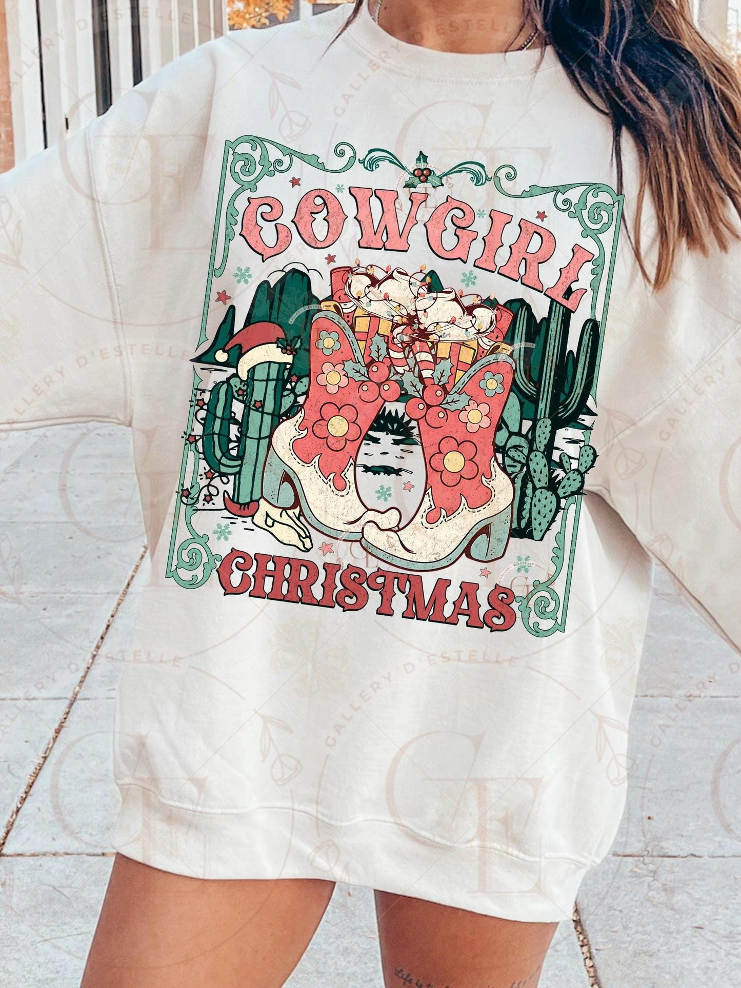 Coquette Cowgirl Christmas PNG, Retro Western Boots Holiday Graphic, Festive Country Shirt Sublimation Design