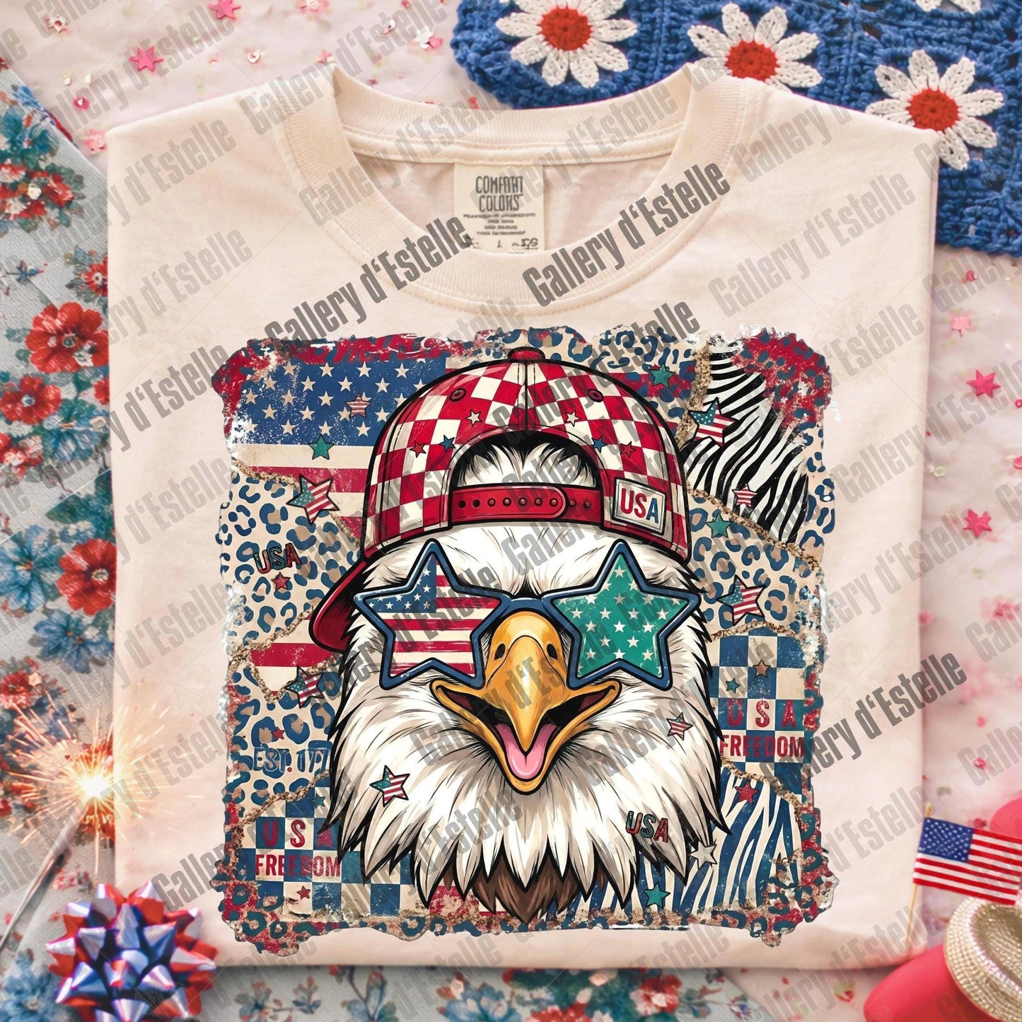 Retro American Eagle PNG, Preppy Patriotic Checkered Leopard Graphic, Trendy 4th of July Shirt Design