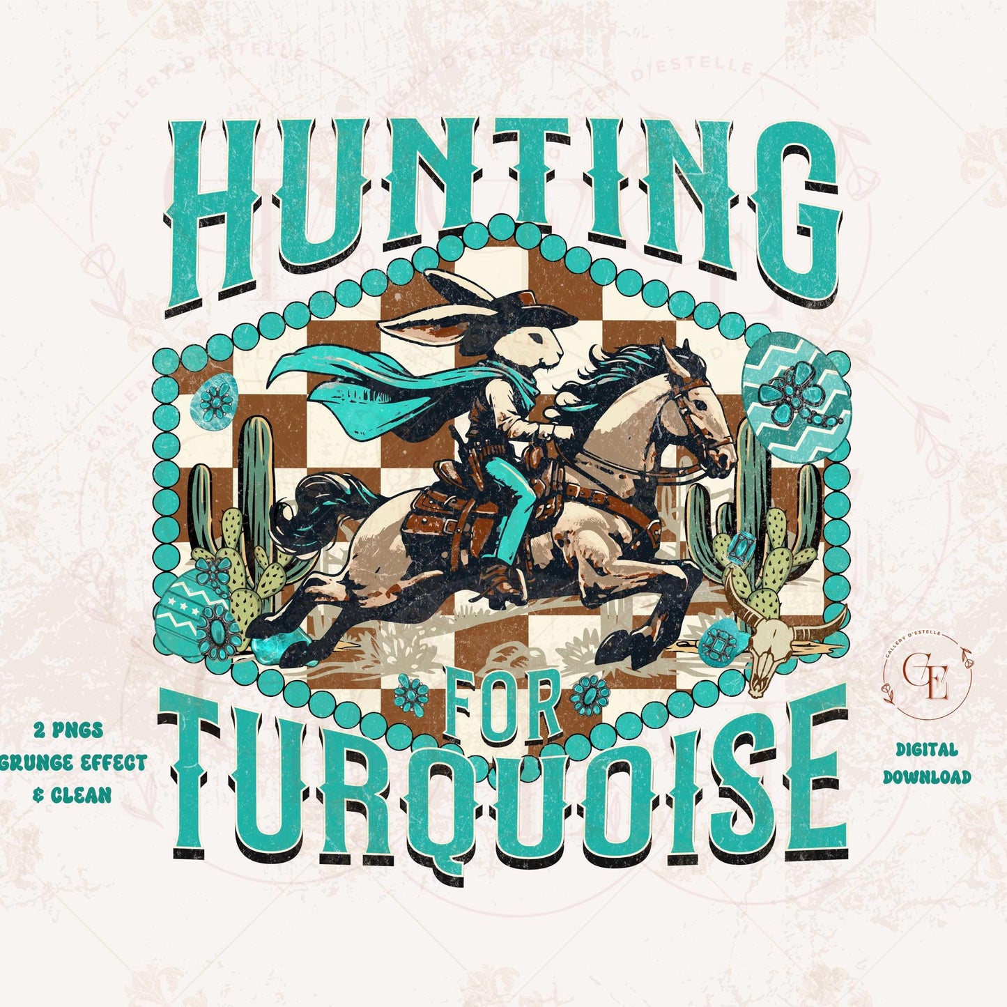 Hunting for Turquoise PNG, Wild West Easter Bunny Rodeo Graphic, Western Cowgirl Turquoise Checkered Shirt Design