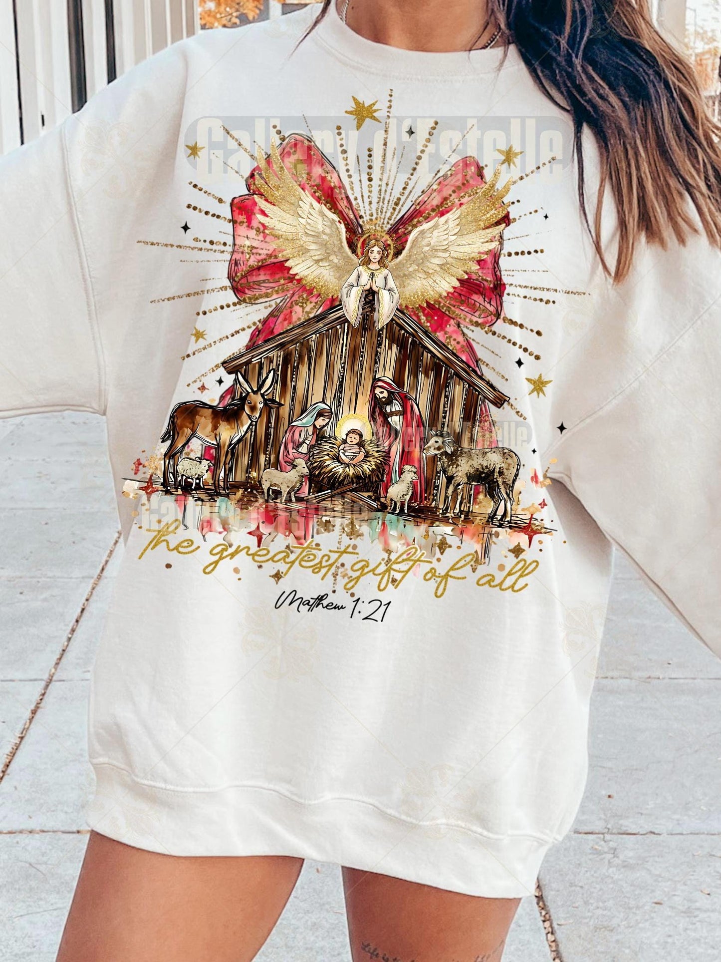 Preppy Nativity PNG, Glittery Christmas Scene Graphic, Religious Holiday Sublimation, Coquette Christian Shirt Design