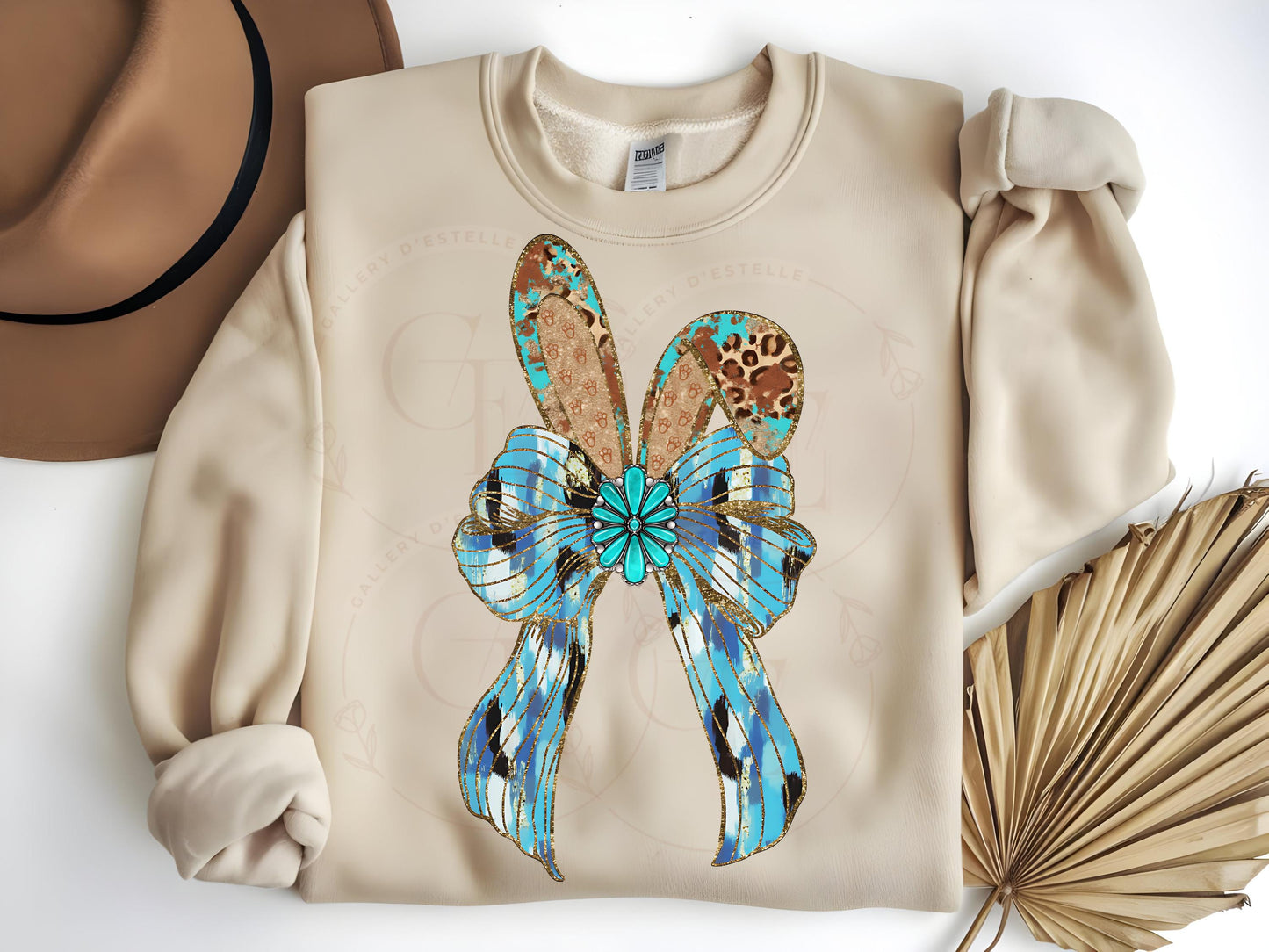 Western Coquette Glitter Bow PNG, Blue Brushstroke Easter Bunny Graphic, Trendy Cowgirl Shirt Design