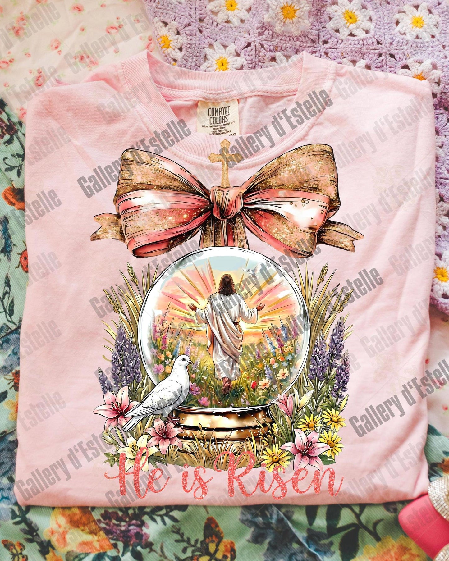 He Is Risen PNG, Retro Jesus Resurrection Art, Vintage Floral Easter Graphic, Coquette Christian Shirt Design