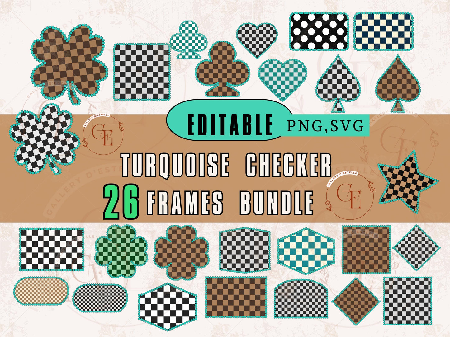 Turquoise Checker Frame Bundle, Editable Retro Checkered Borders PNG,SVG