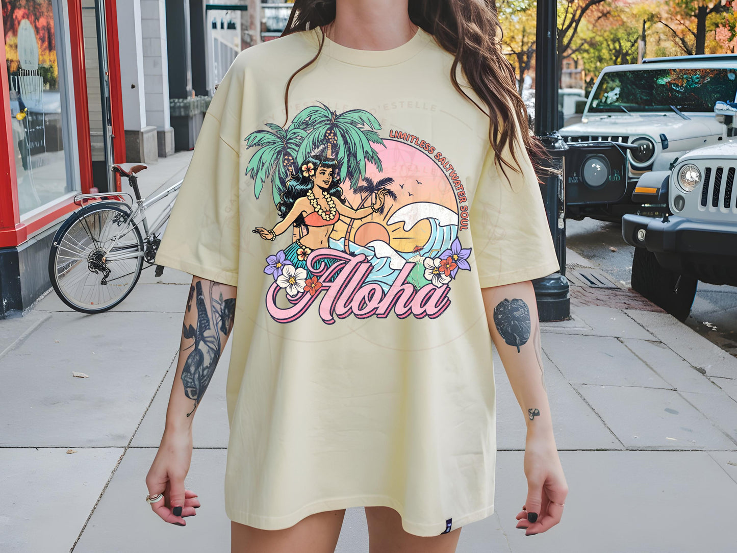 Aloha Summer PNG, Retro Hawaiian Coastal Hula Girl, Tropical Summer Beach Shirt Design