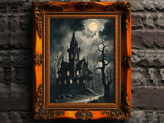 Haunted Castle Art, Victorian Gothic Wall Decor for Halloween, Spooky Edgy Dark Aesthetic Castle