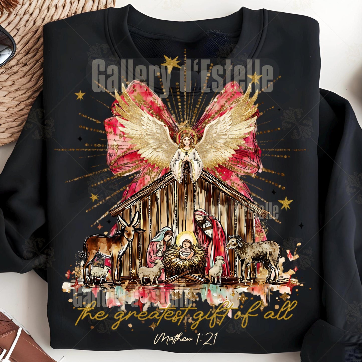 Preppy Nativity PNG, Glittery Christmas Scene Graphic, Religious Holiday Sublimation, Coquette Christian Shirt Design