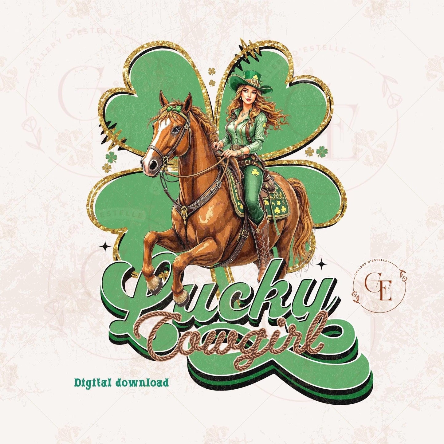 Lucky Cowgirl PNG, St. Patricks Day Western Graphic, Retro Lucky Clover Art, Trendy Country Shirt Design