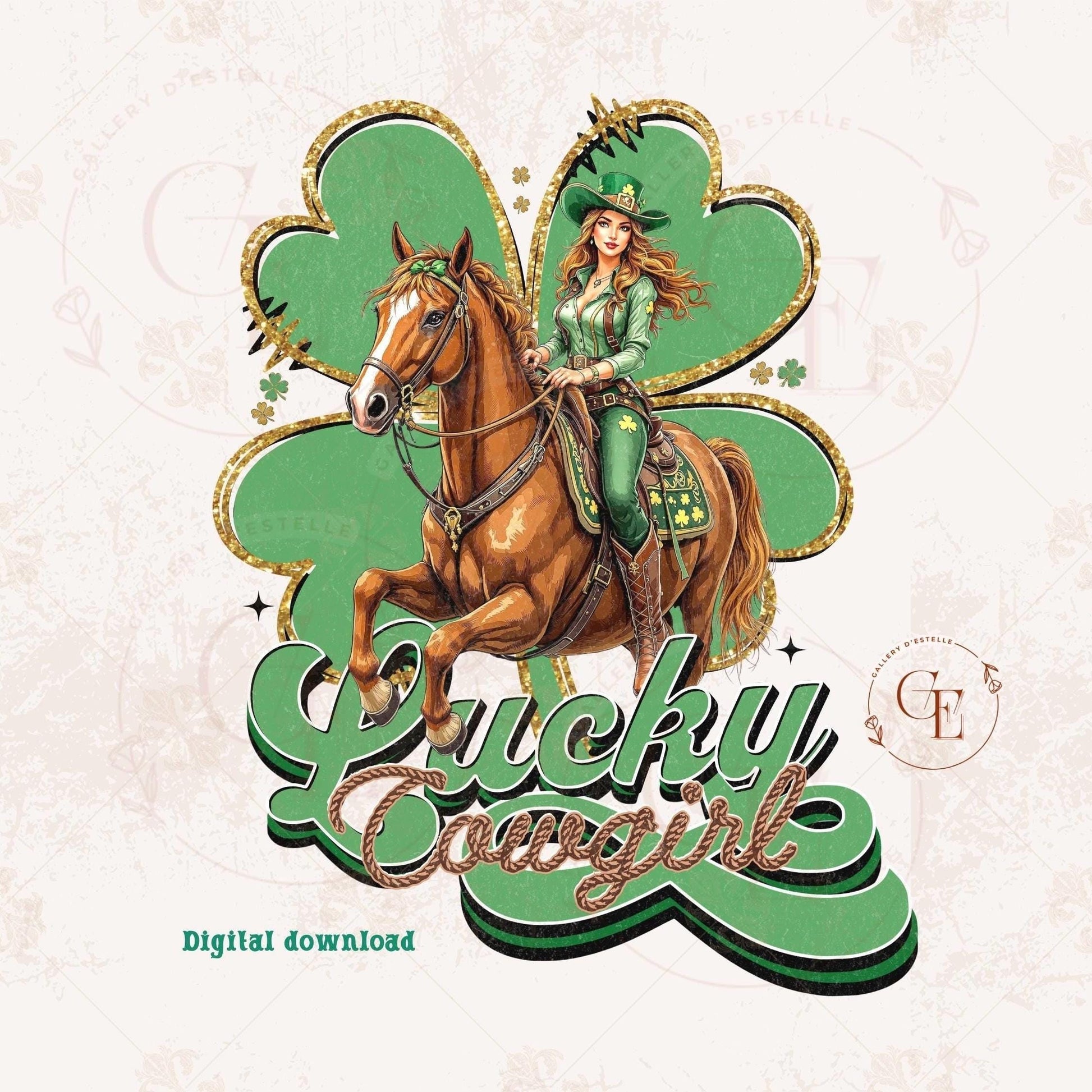 Lucky Cowgirl PNG, St. Patricks Day Western Graphic, Retro Lucky Clover Art, Trendy Country Shirt Design