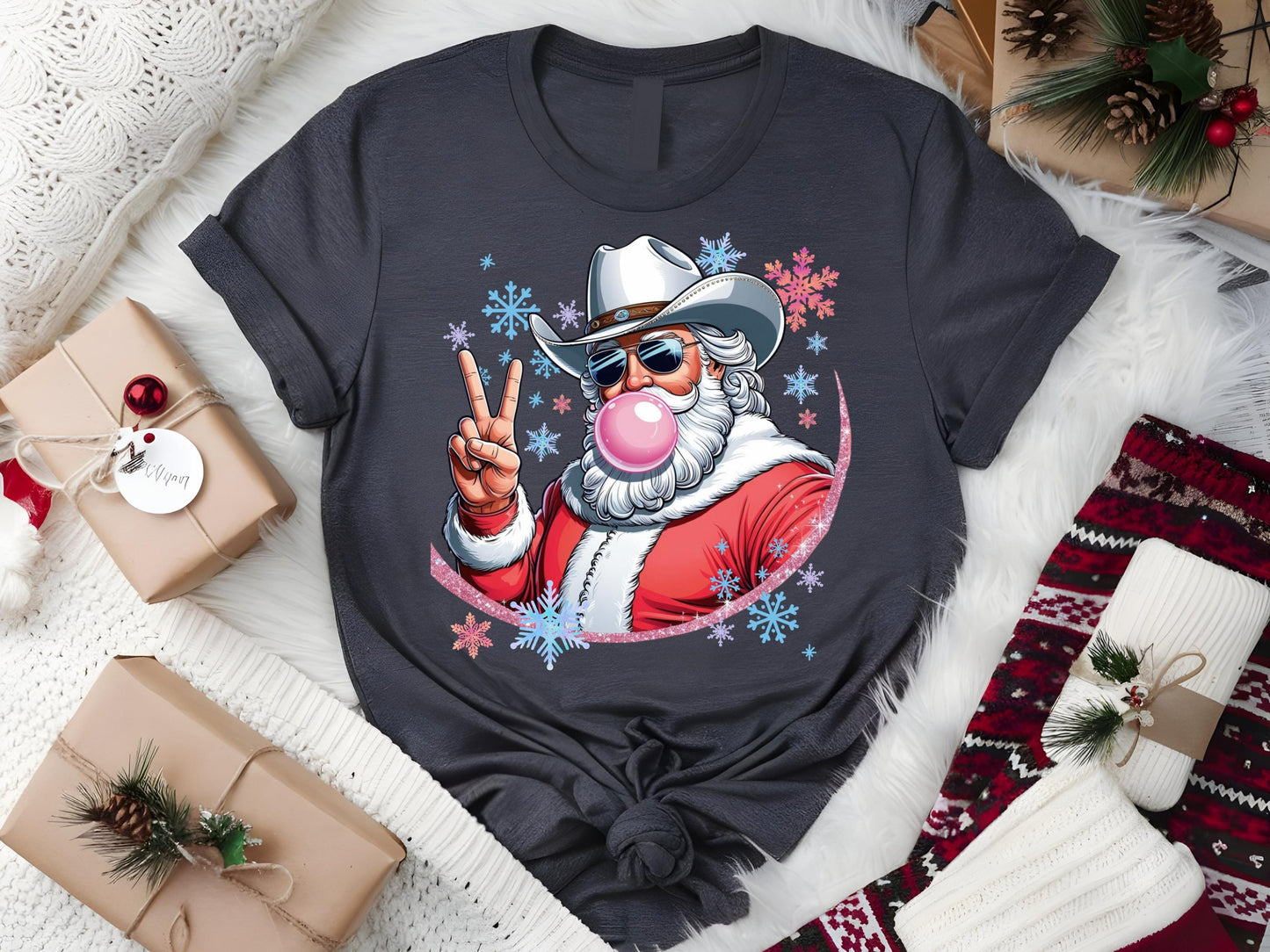 Retro Cowboy Santa Blowing Bubble PNG, Funny Western Christmas Shirt Design