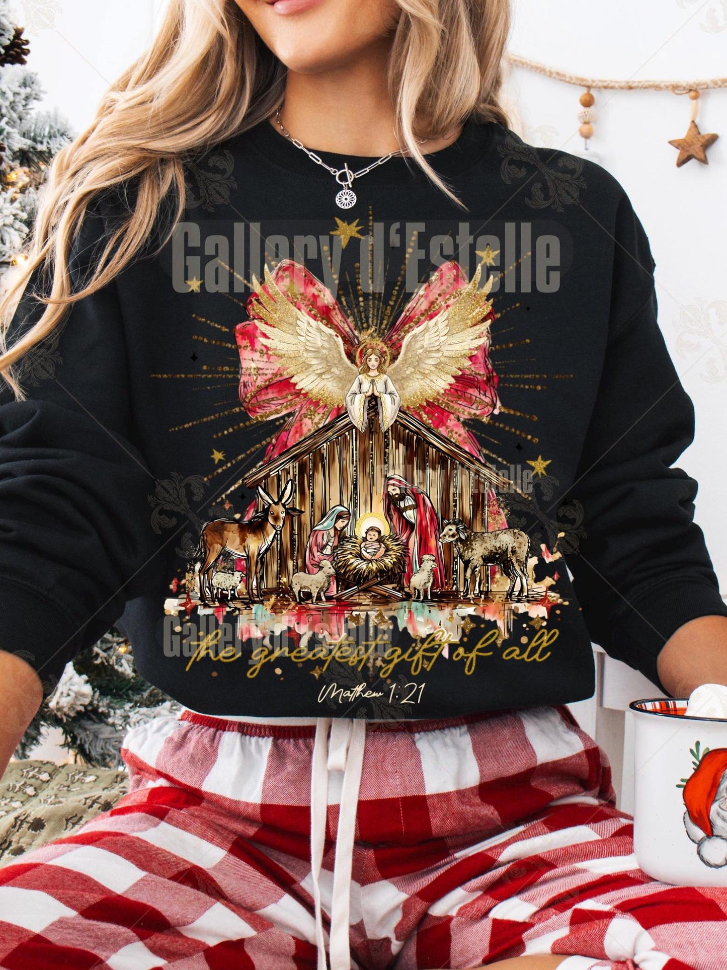 Preppy Nativity PNG, Glittery Christmas Scene Graphic, Religious Holiday Sublimation, Coquette Christian Shirt Design