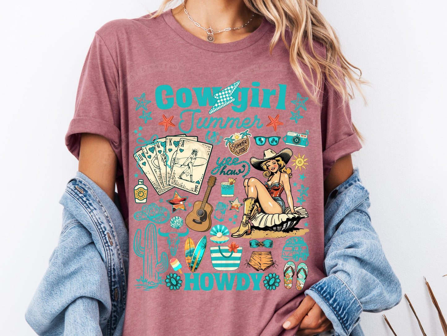 Cowgirl Summer Country PNG, Retro Western Coastal Girl Collage, Trendy Mermaid Summer Shirt Design