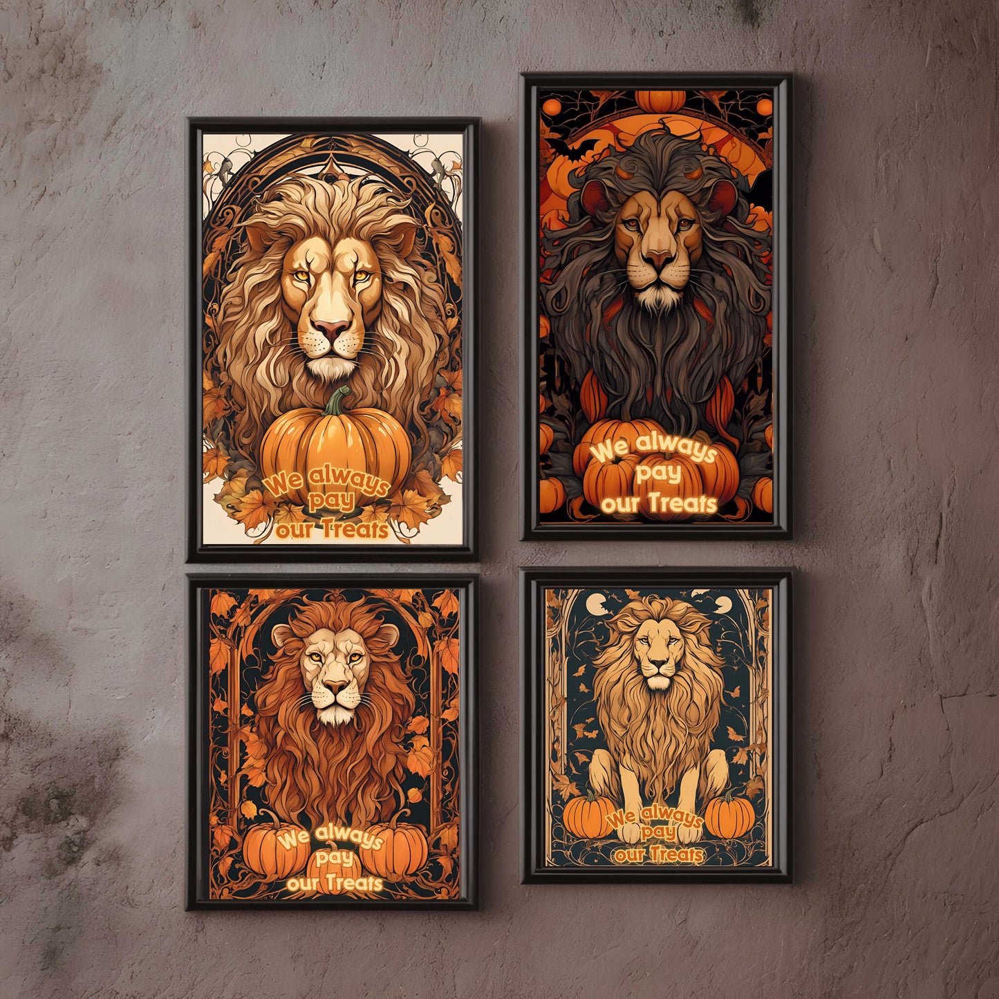 Halloween Lions Wall Art Bundle, "House Trickster" Spooky Decor and Art Nouveau Decoration for Halloween