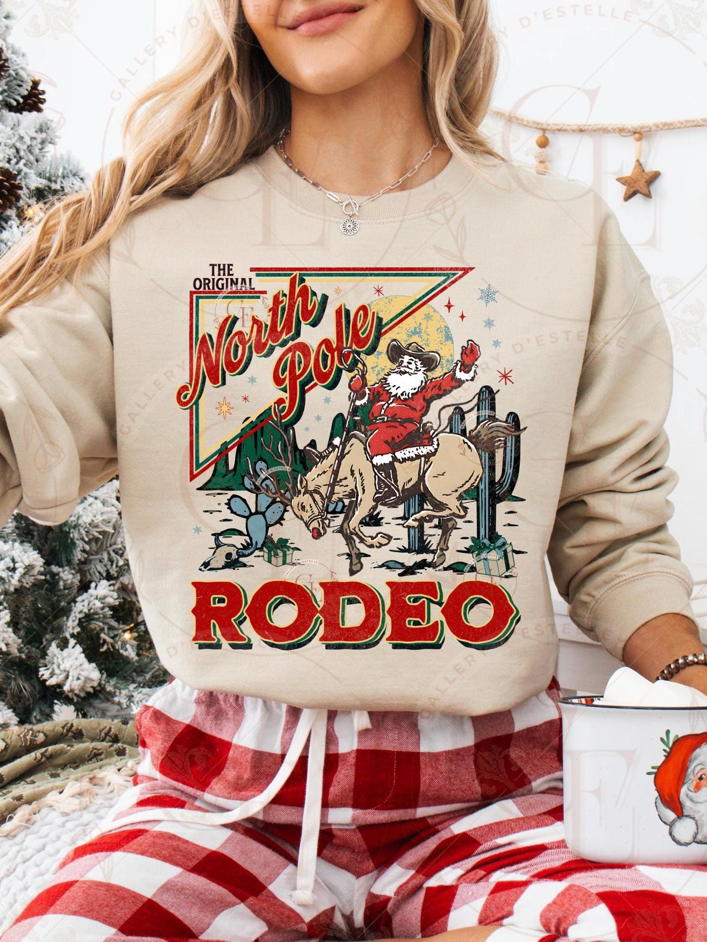 Retro North Pole Rodeo PNG, Festive Cowboy Santa Christmas Graphic, Western Holiday Shirt Design