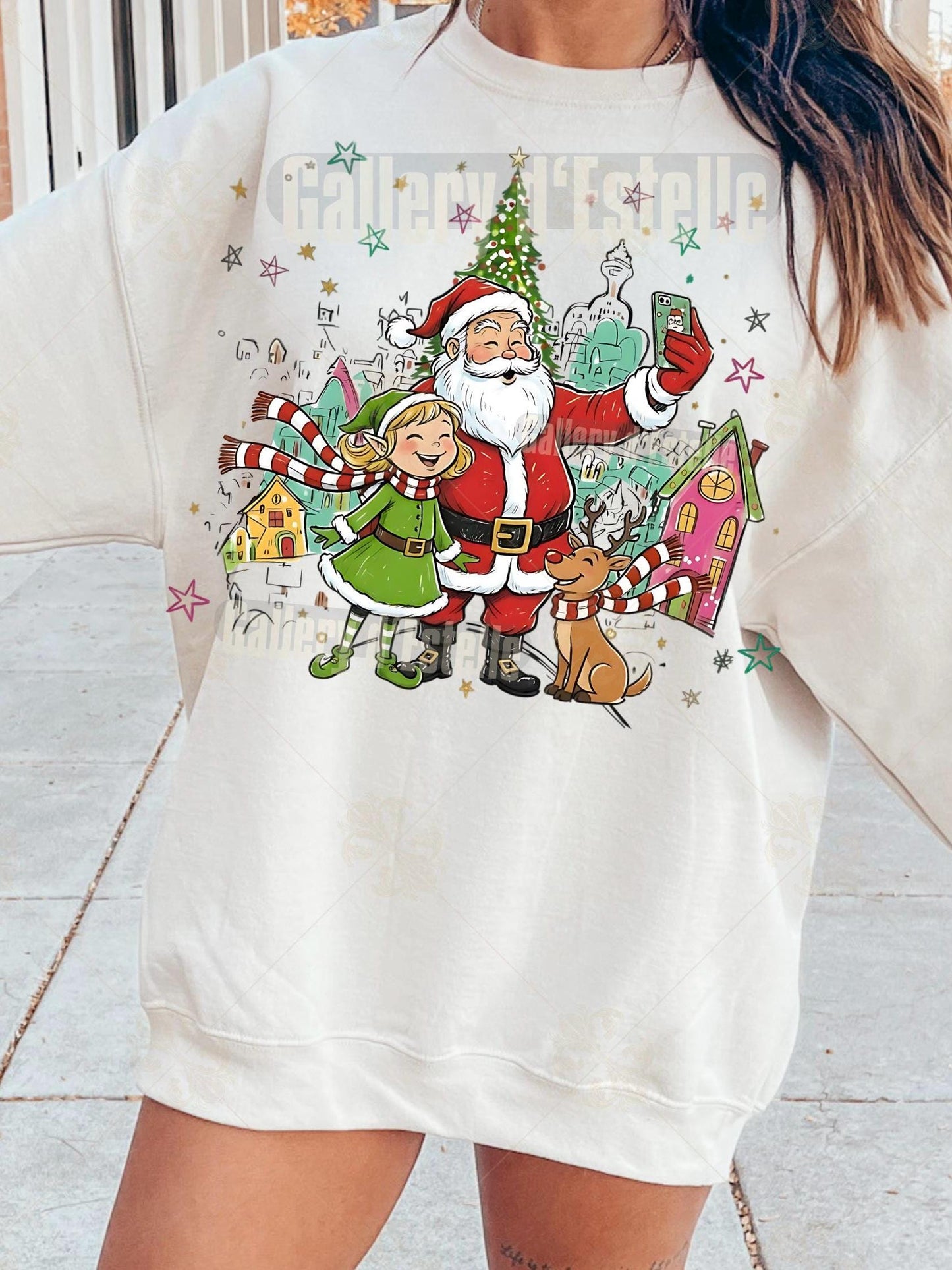 Retro Christmas Town PNG, Whimsical Santa and Elf Graphic, Preppy Holiday Scene Design, Festive Shirt Sublimation