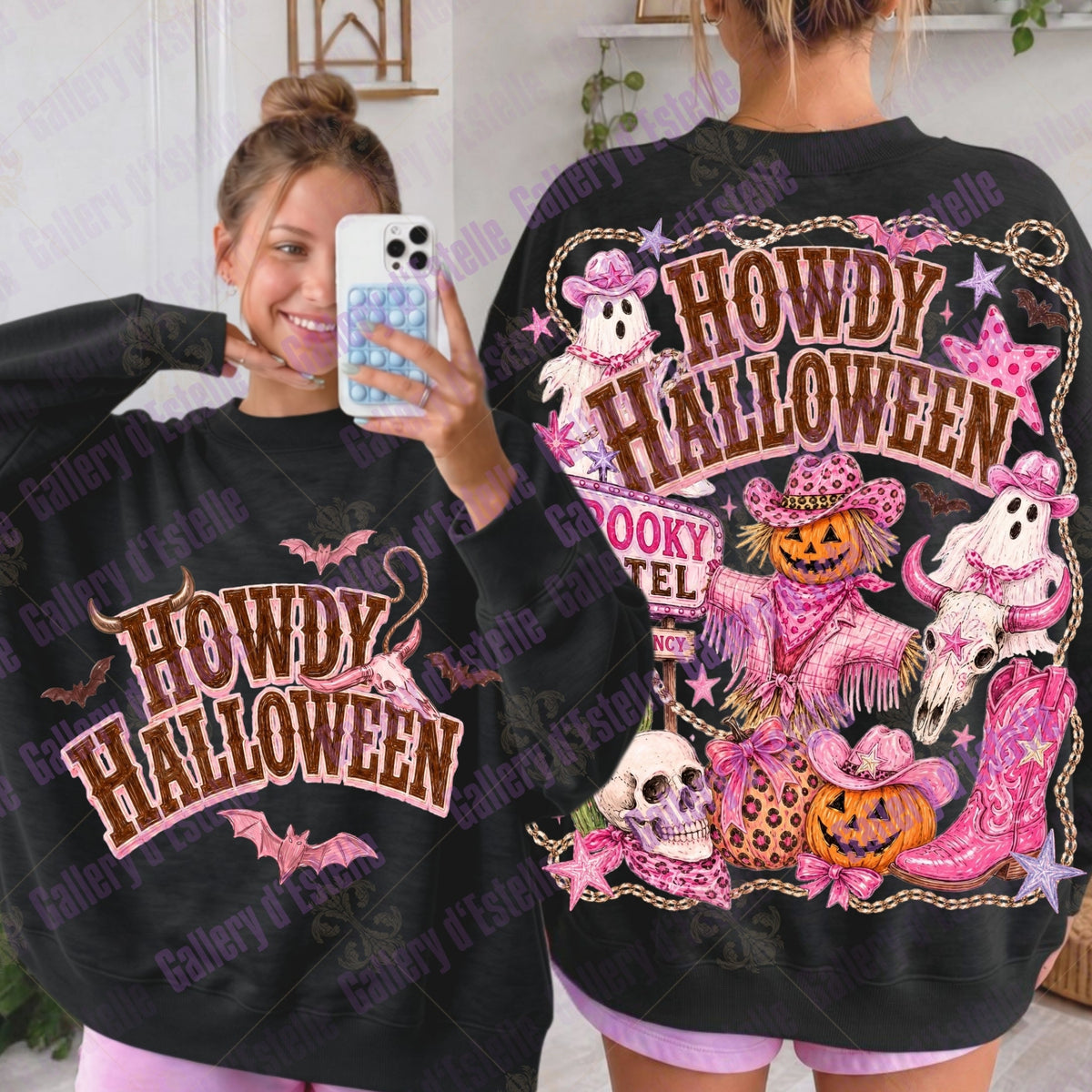 A black crewneck sweatshirt with a large pink and brown 'Howdy Halloween' graphic, shown from both front and back on a model. The back features a detailed design with ghosts, pumpkins, skulls, and boots in pink and orange tones.
