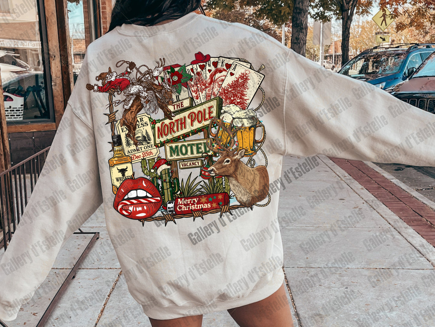 North Pole Motel PNG, Western Christmas Cowboy Holiday Collage, Retro Santa Graphic, Festive Country Shirt Design