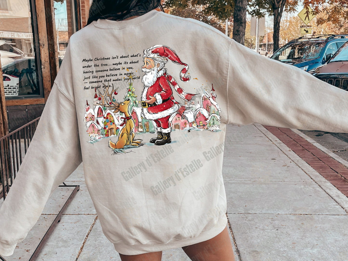 Festive Santa and Reindeer PNG, Retro Winter Town Graphic, Whimsical Holiday Sublimation, Coquette Christmas Shirt Design