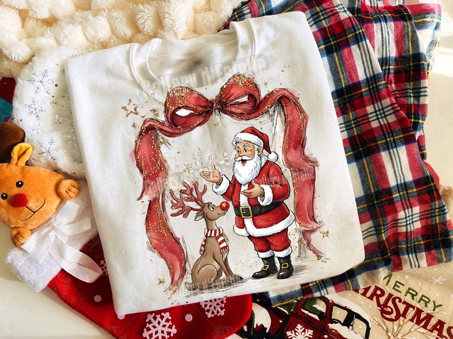 Coquette Santa and Reindeer PNG, Nostalgic Retro Christmas Town Graphic, Whimsical Holiday Sublimation, Festive Shirt Design
