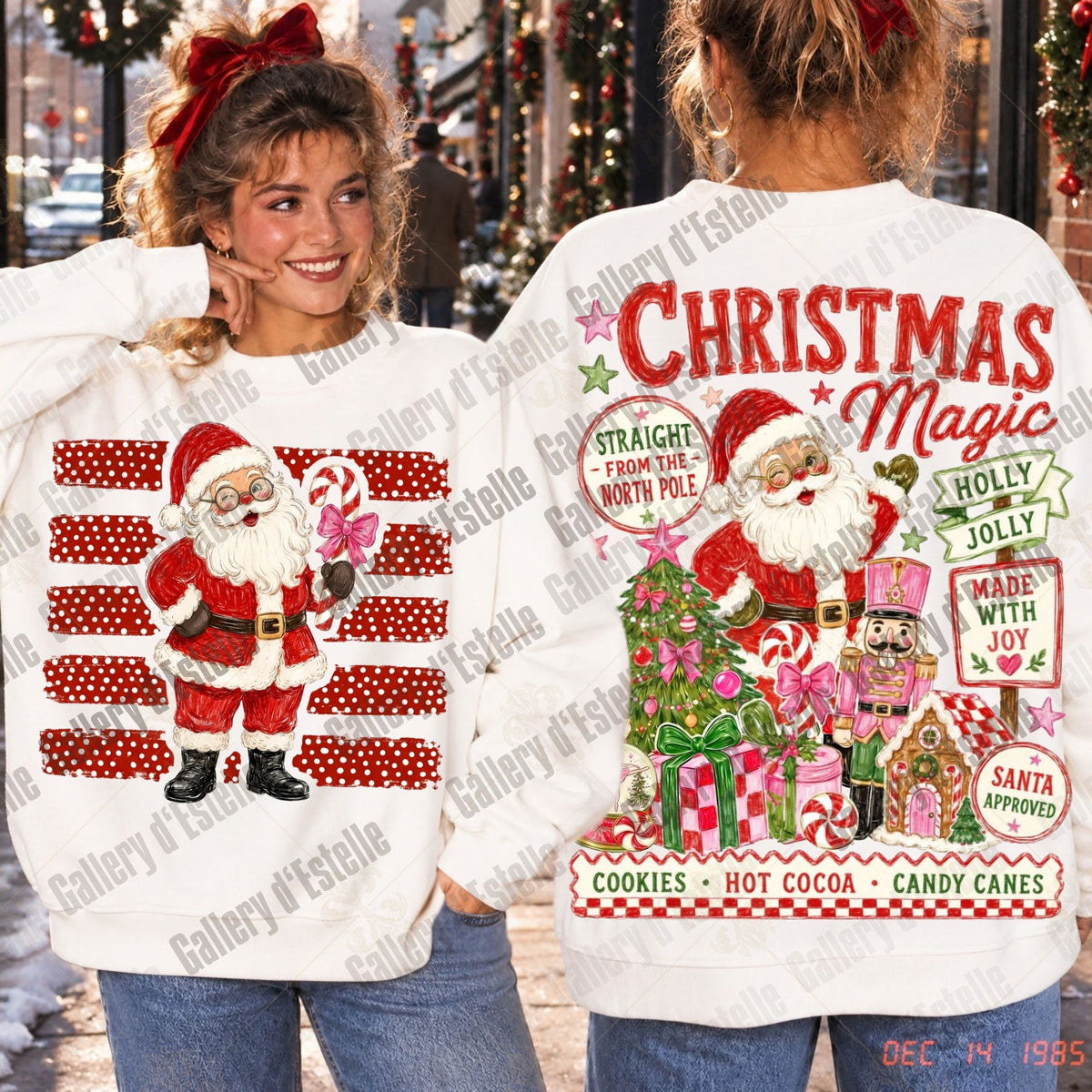 Two women modeling a white Christmas sweater, showing both the front and back designs. The front features a Santa Claus graphic over red-and-white striped candy canes, and the back displays 'Christmas Magic' in red with a festive holiday scene including a Christmas tree, gifts, and nutcracker.