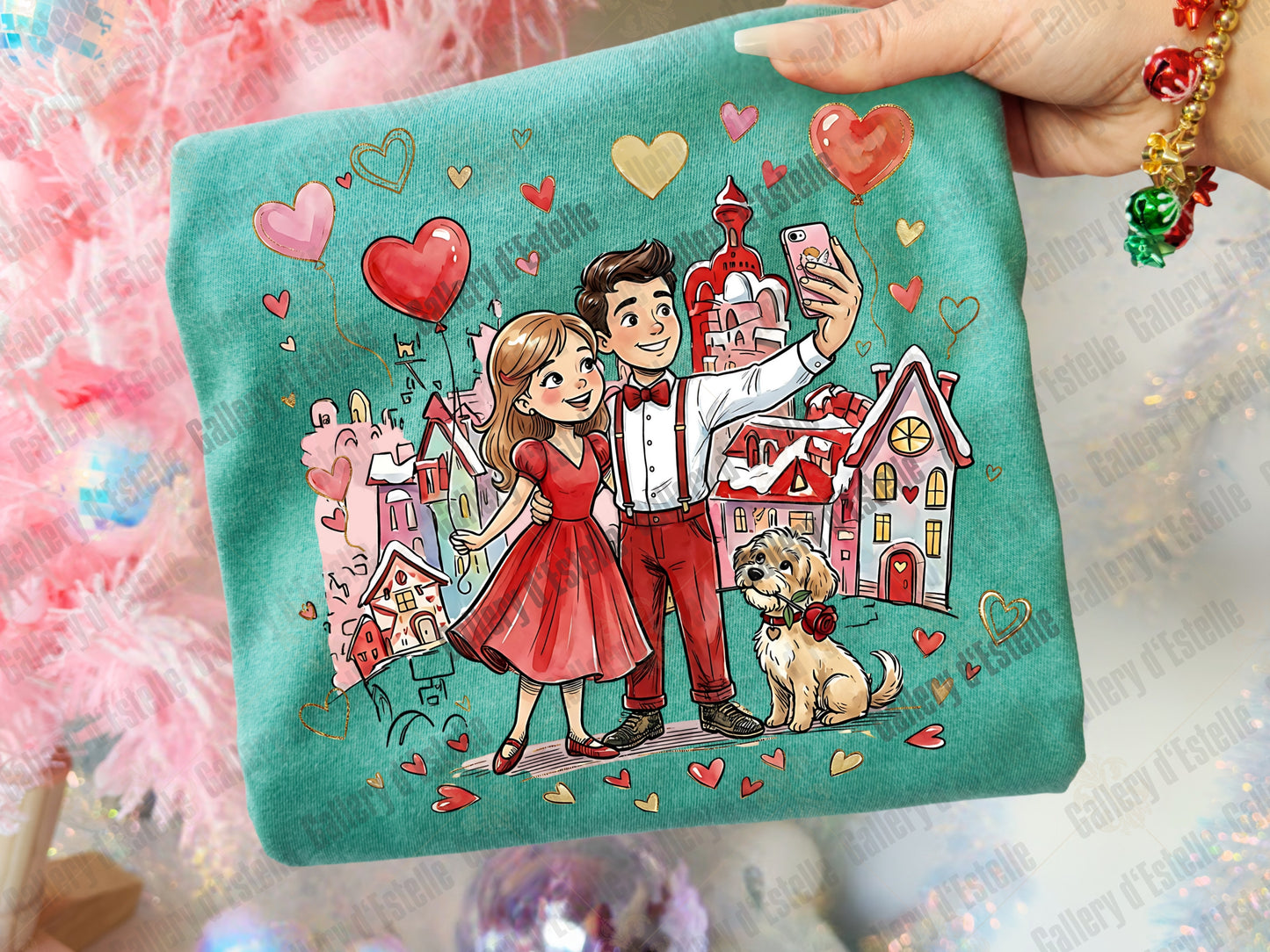 Retro Valentine Love PNG, Whimsical Selfie Couple Illustration, Preppy VDay Shirt Design