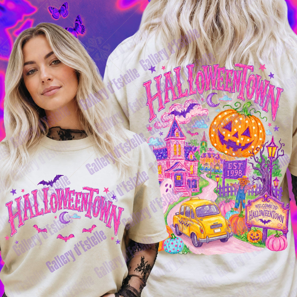 A woman modeling a cream-colored graphic t-shirt, showing both the front and back views. The t-shirt features a colorful Halloween-themed design with the words 'HALLOWEENTOWN' in pink, a jack-o'-lantern, a haunted house, a yellow car, and bats.