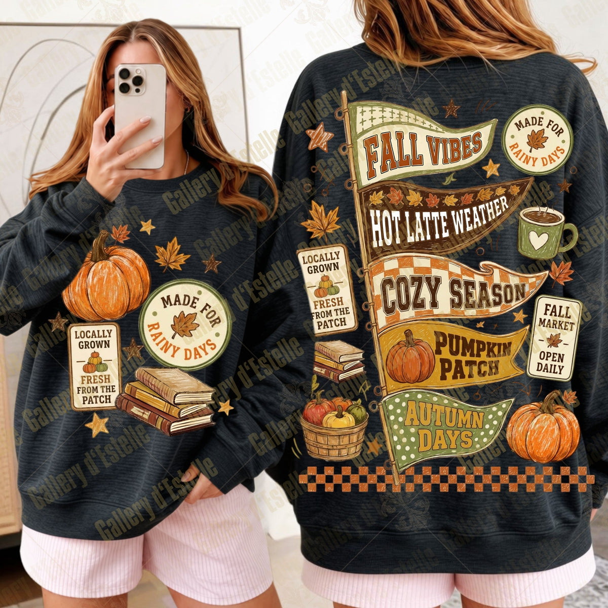 A woman modeling a dark charcoal long-sleeve sweatshirt with a colorful autumn-themed graphic print. The front view shows a phone mirror selfie of the front of the sweatshirt, while the back view shows the full back of the sweatshirt with a detailed fall-themed design including pumpkins, leaves, and seasonal quotes.