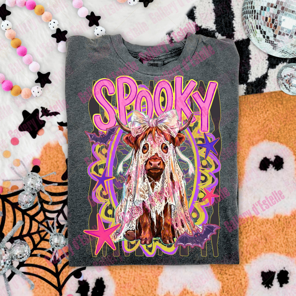 Preppy Spooky Highland Cow PNG, Retro Funny Ghost Graphic, Trendy Halloween Shirt Design