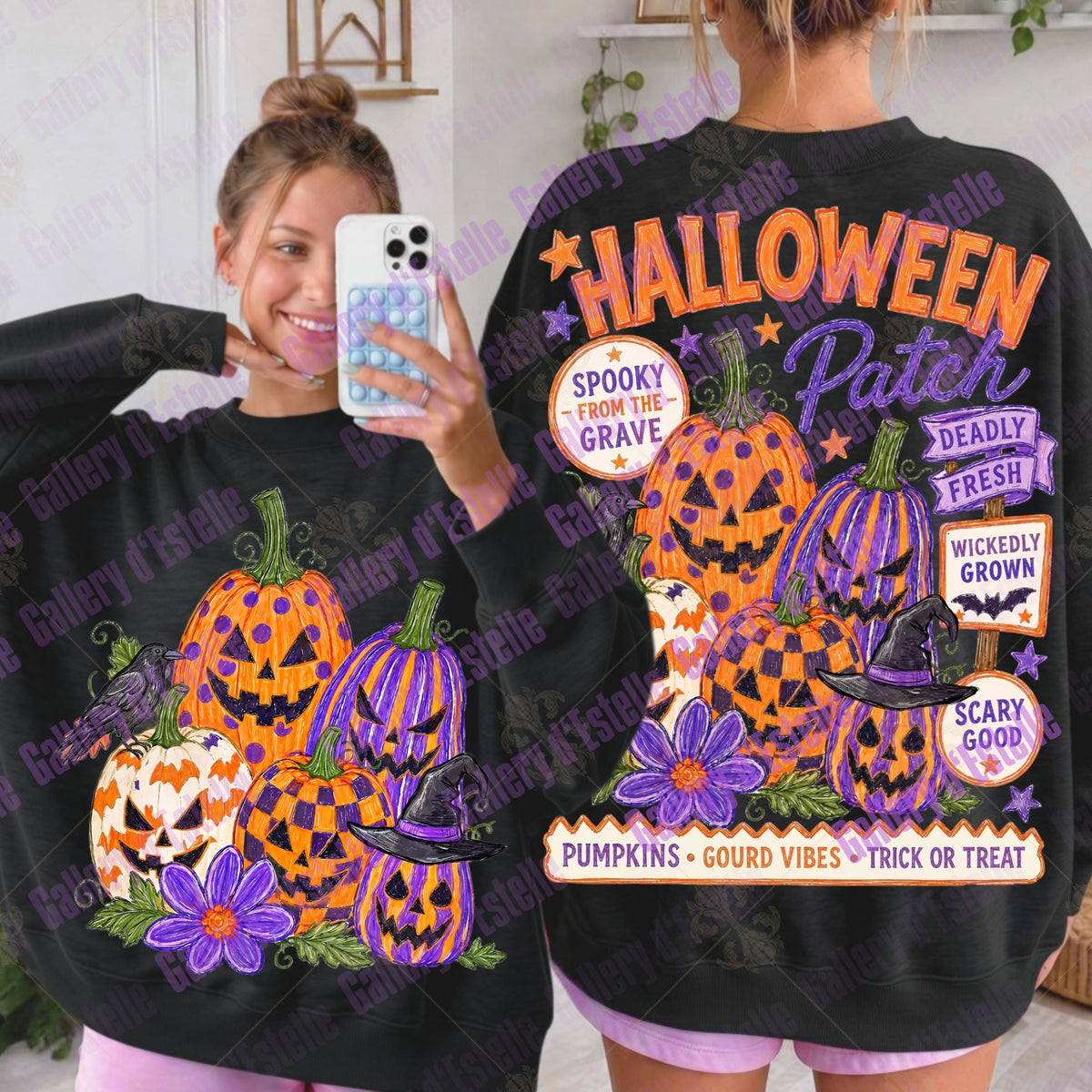 A woman modeling a black graphic sweatshirt, showing both the front and back views. The sweatshirt features a colorful Halloween design with jack-o'-lanterns, purple flowers, and text reading 'HALLOWEEN Patch' and other spooky phrases.