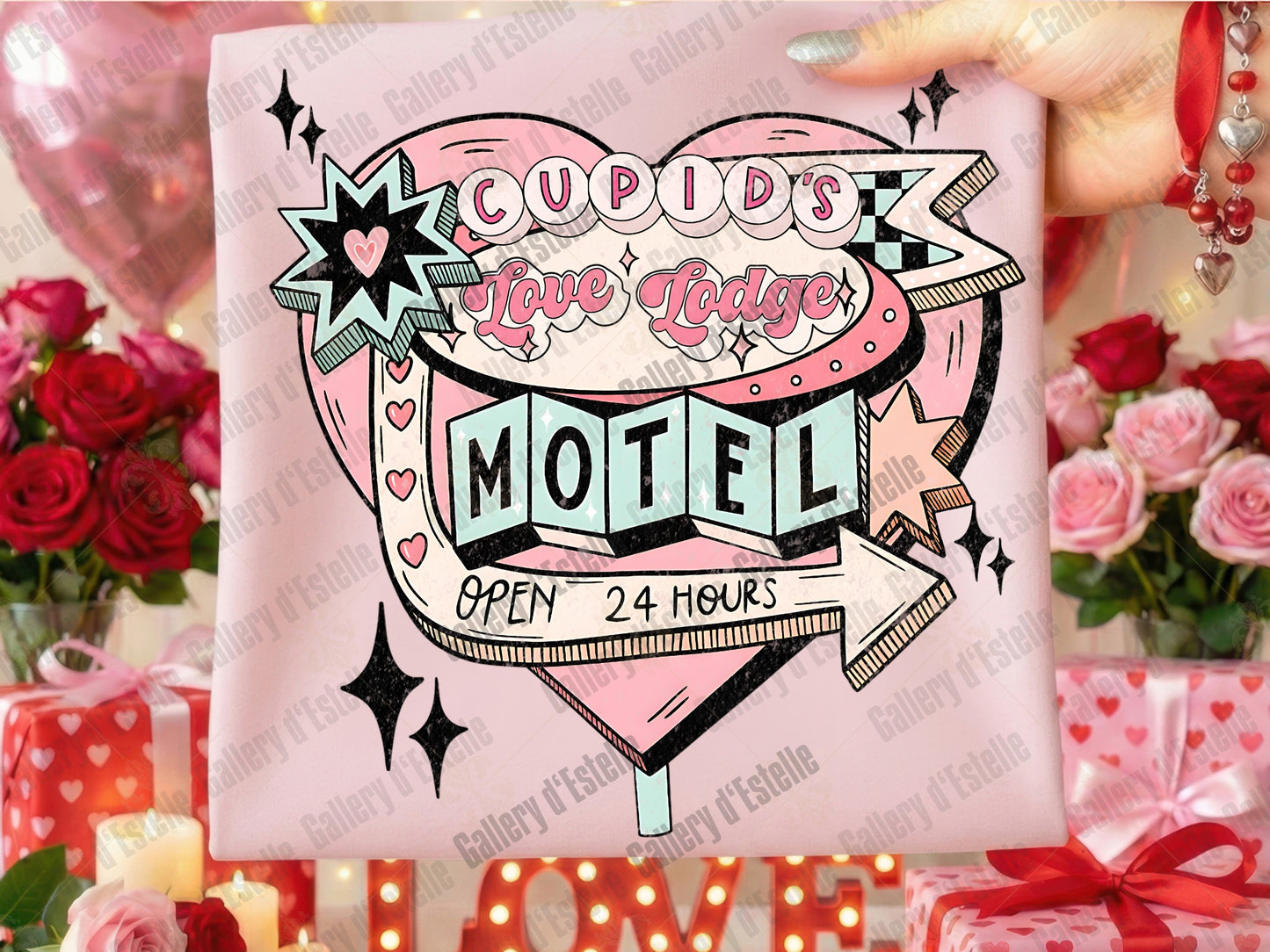 Cupid’s Love Lodge Motel PNG, Retro Valentine Hotel Sign Graphic, Vintage Pink Western Art, Coquette Love Shirt Design