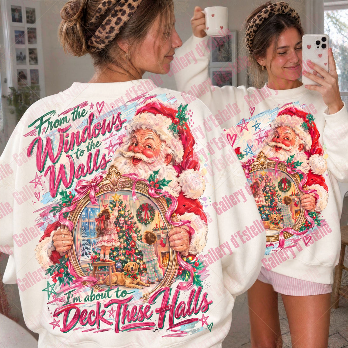 A woman wearing a white Christmas-themed sweatshirt with a large Santa graphic and the text 'From the Windows to the Walls I'm about to Deck These Halls.' She is shown from the back and taking a mirror selfie in a bright indoor room.