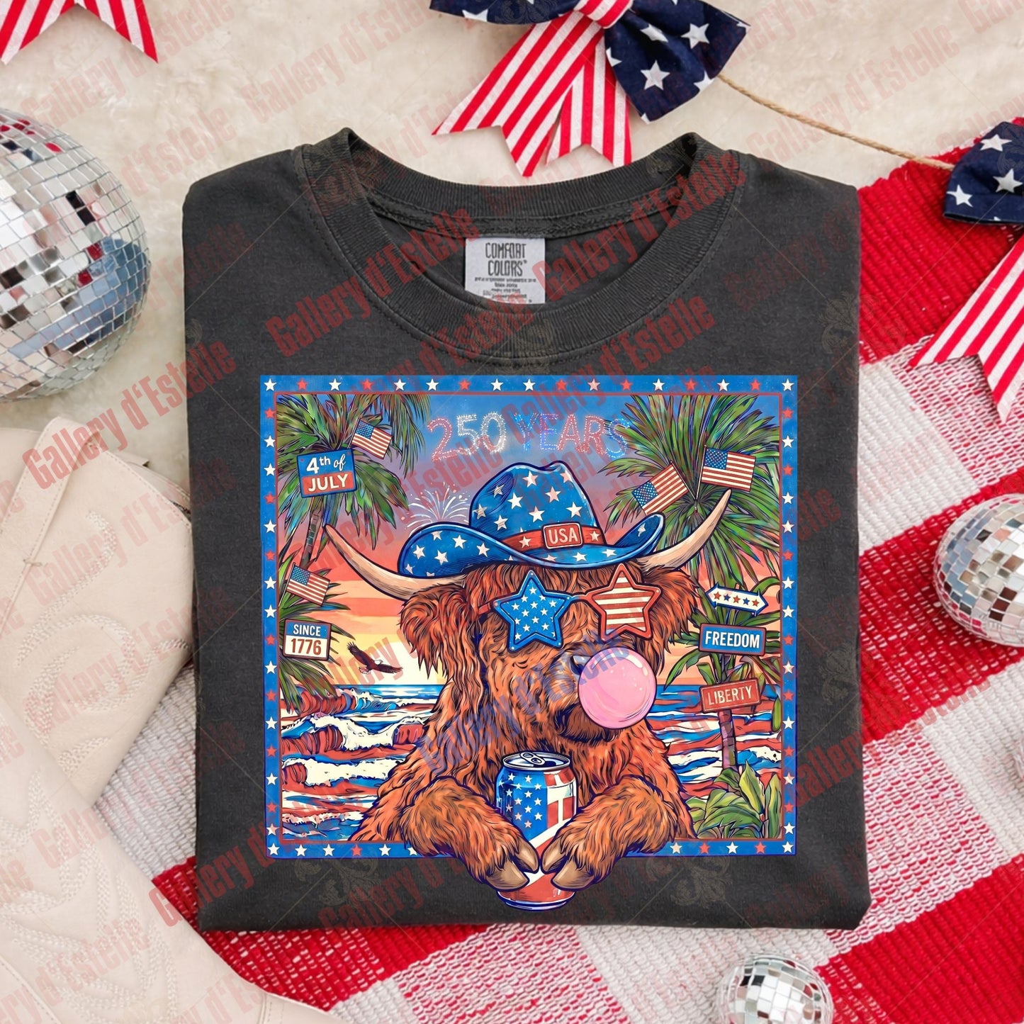 Patriotic Highland Cow PNG, Western 4th of July Graphic, Trendy USA Freedom Shirt Design