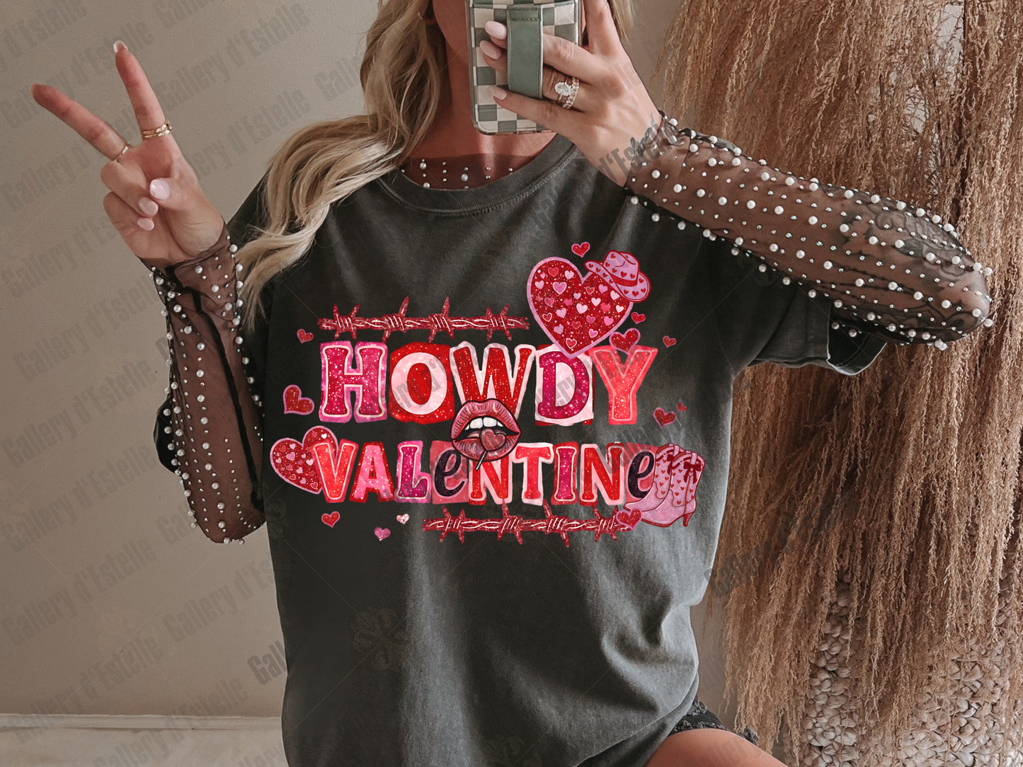 Howdy Valentine PNG, Retro Western Glitter Illustration, Edgy Cowgirl Love Graphic, Coquette VDay Shirt Design