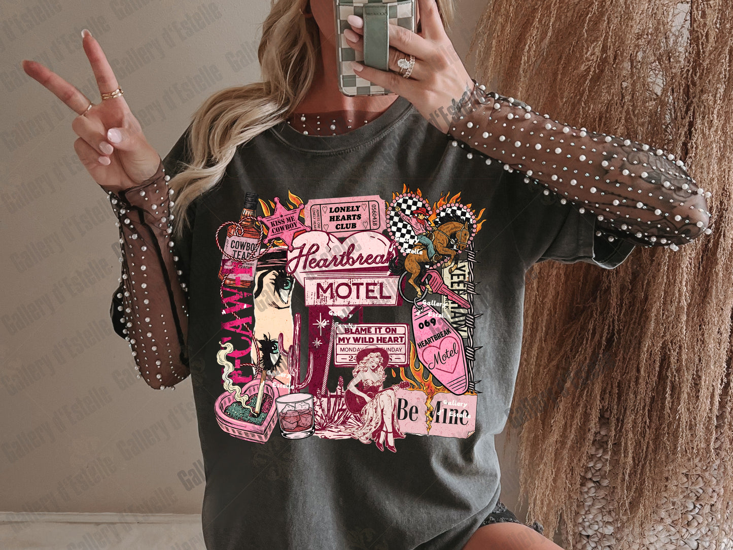 Heartbreak Motel Collage PNG, Retro Western Love Graphic, Edgy Cowgirl Breakup Art, Trendy Anti Valentine Shirt PNG