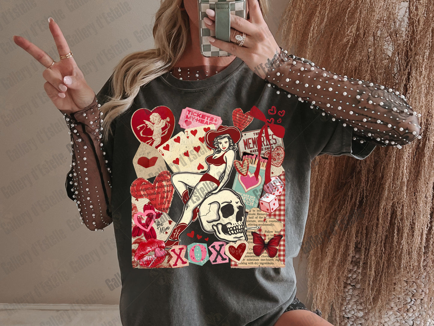 Retro Cowgirl Love Collage PNG, Edgy Y2K Valentine Graphic, Western Pinup Skull Art, Trendy Love Shirt Design