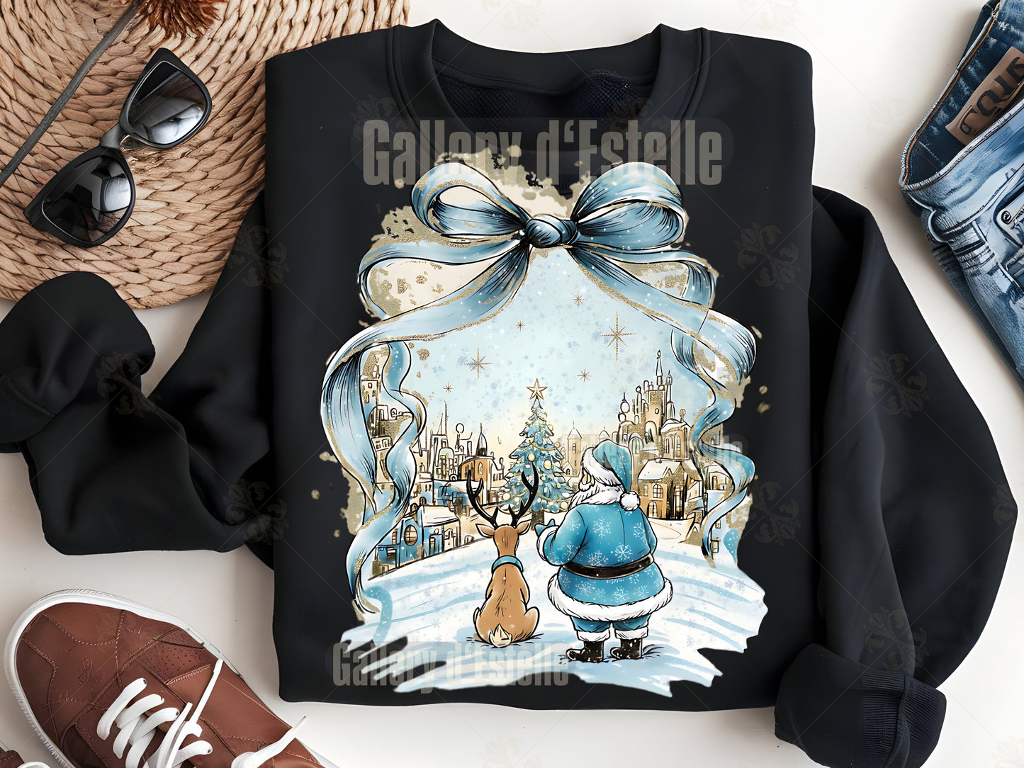 Blue Christmas Town PNG, Retro Santa and Reindeer, Whimsical Winter Holiday Sublimation, Coquette Shirt Design