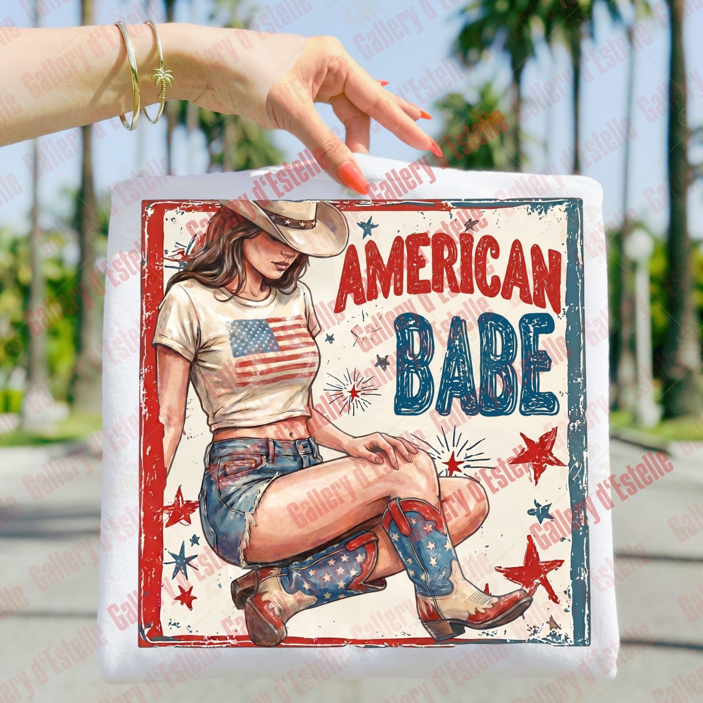American Babe PNG, Retro Patriotic Cowgirl Graphic, Trendy 4th of July Shirt Design, Vintage USA Western Art