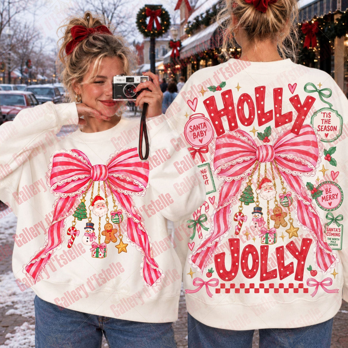 Two women modeling a festive Christmas crewneck sweater, showing both the front and back views. The cream-colored sweater features a large pink and red striped bow with hanging holiday ornaments on the front, and 'HOLLY JOLLY' text with additional holiday graphics on the back.