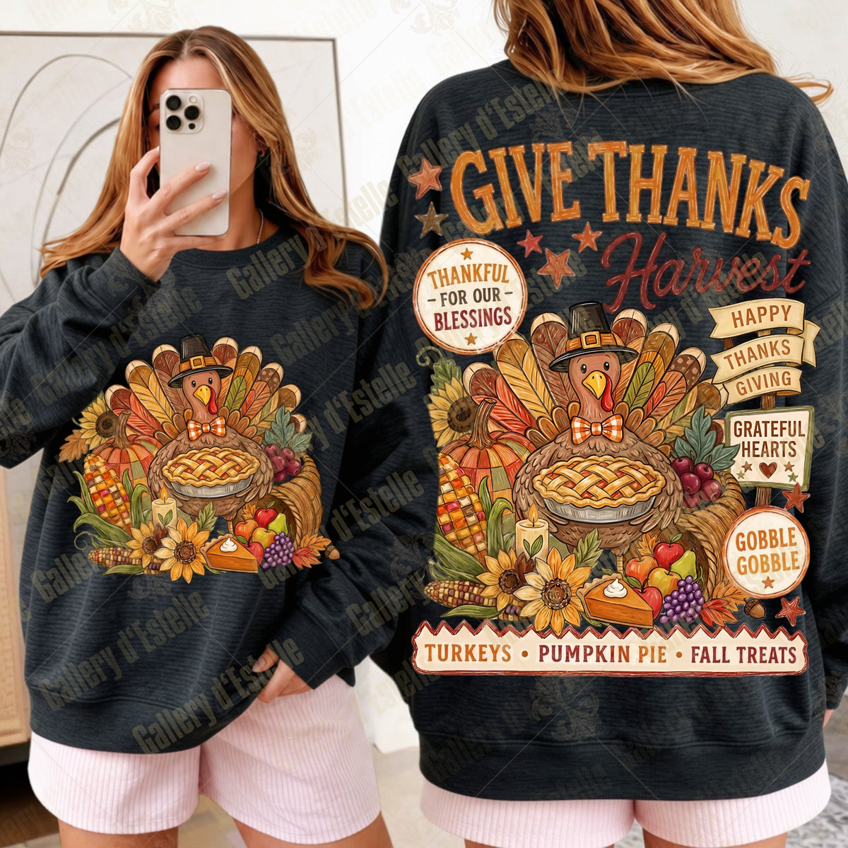 A woman modeling a black long-sleeve sweatshirt with a large Thanksgiving harvest graphic on the back, shown alongside a front view of the same sweatshirt. The design features a turkey, pumpkin pie, autumn leaves, sunflowers, and text including 'GIVE THANKS Harvest' and 'Turkeys • Pumpkin Pie • Fall Treats'.