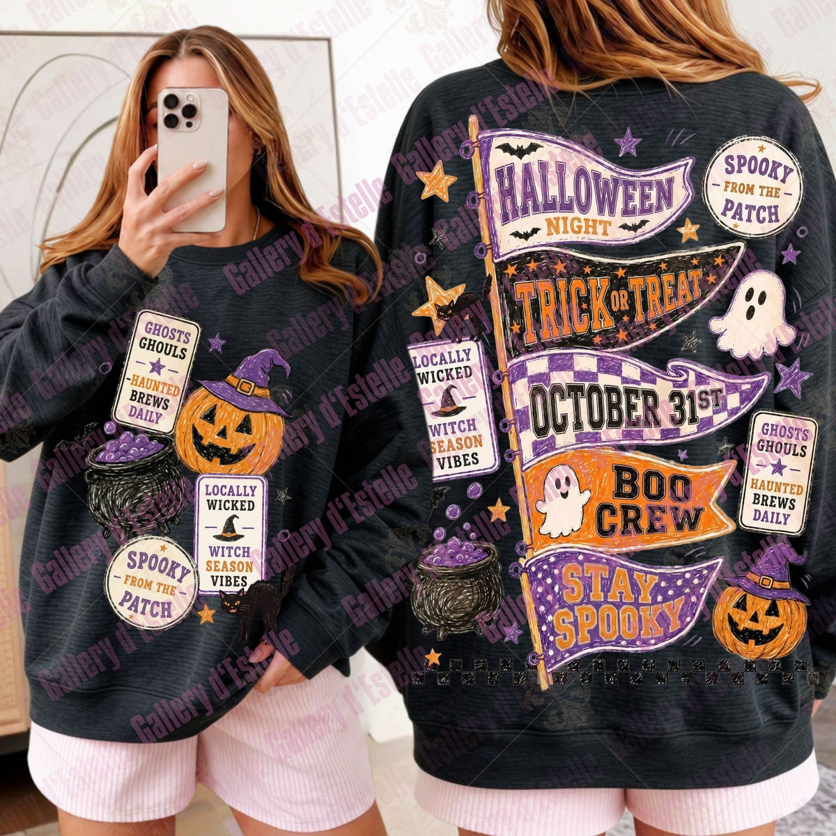A woman modeling a black Halloween-themed sweatshirt, showing both front and back views. The sweatshirt features colorful graphic patches with text like 'Halloween Night', 'Trick or Treat', 'Boo Crew', 'Stay Spooky', and 'Spoof from the Patch', along with illustrations of pumpkins, ghosts, witches, and stars.