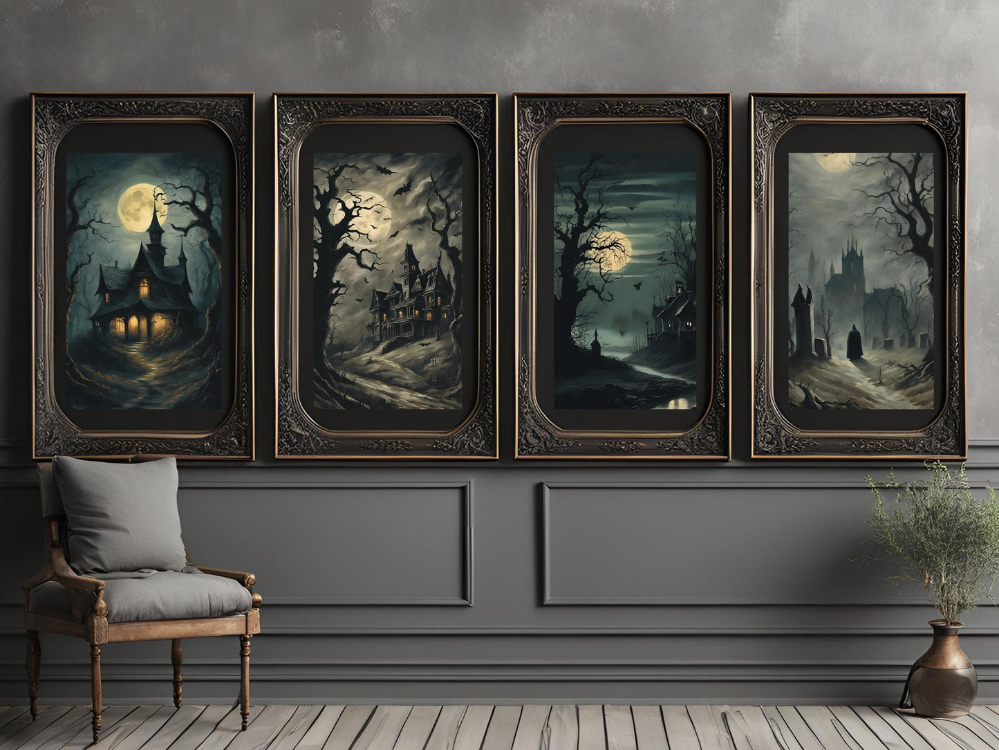 Haunted Castles Art Set, Victorian Gothic Halloween Decor, Dark Academia Digital Prints