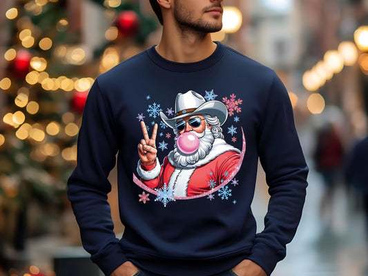Retro Cowboy Santa Blowing Bubble PNG, Funny Western Christmas Shirt Design