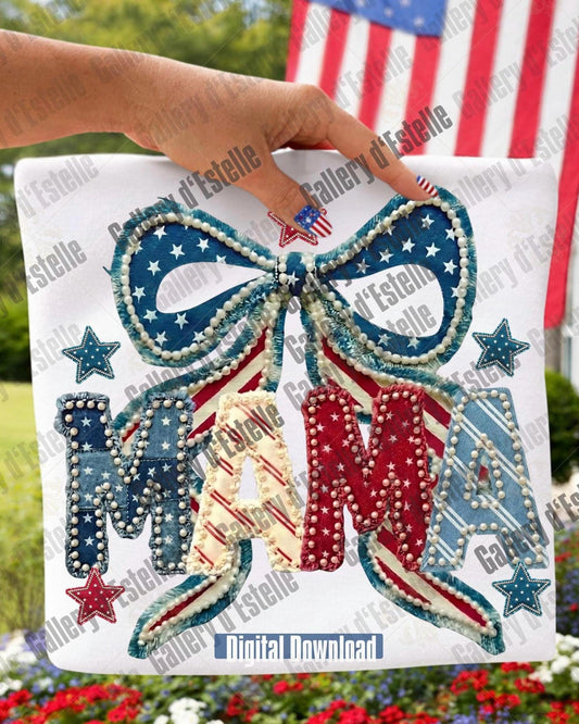 Decorative T-shirt with 'MAMA' and bow design in American flag colors, held by a hand with an American flag in the background.
