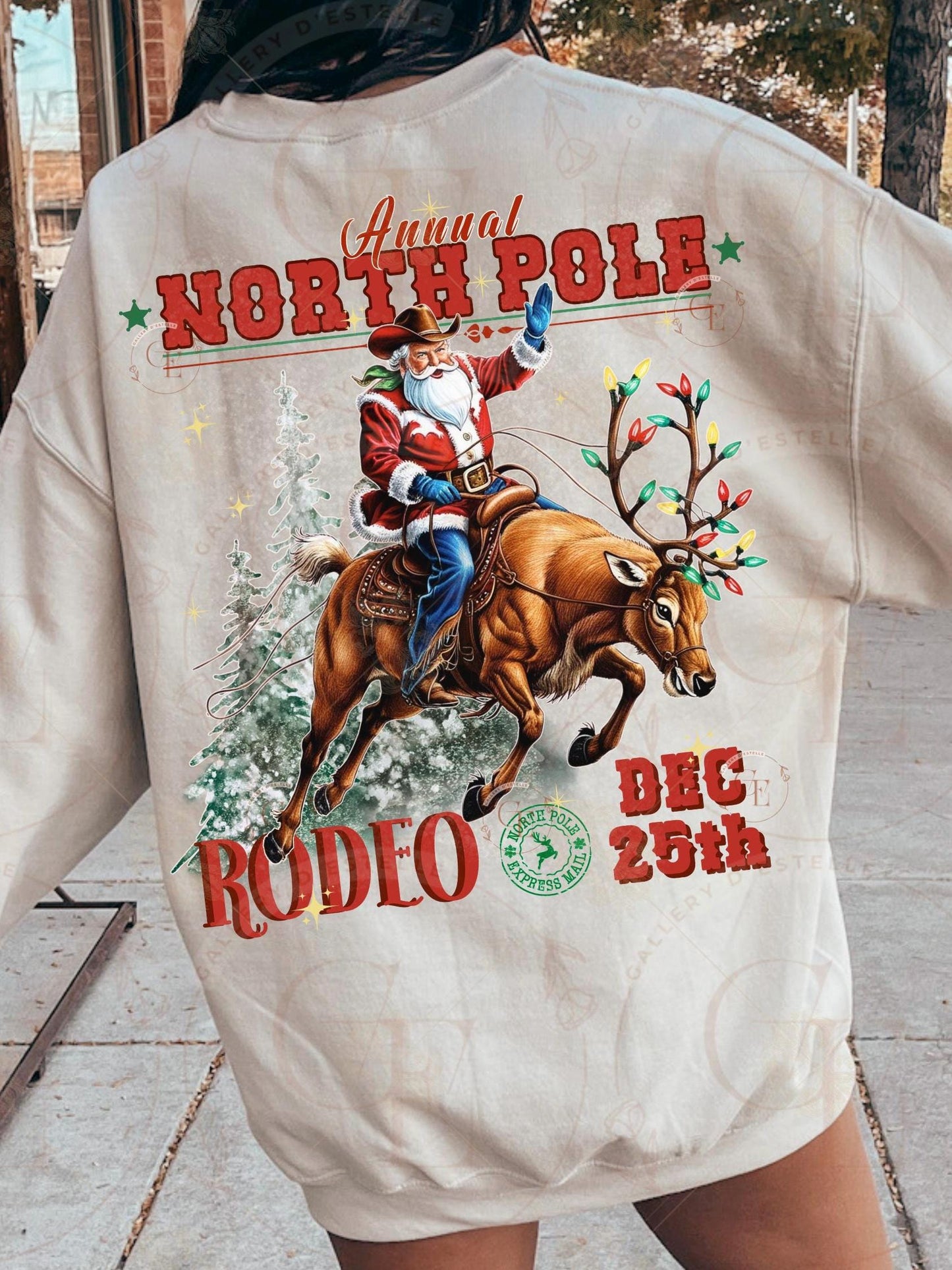 North Pole Rodeo Western PNG, Retro Santa Riding Reindeer Graphic, Vintage Cowboy Christmas Design, Trendy Holiday Country Shirt Sublimation
