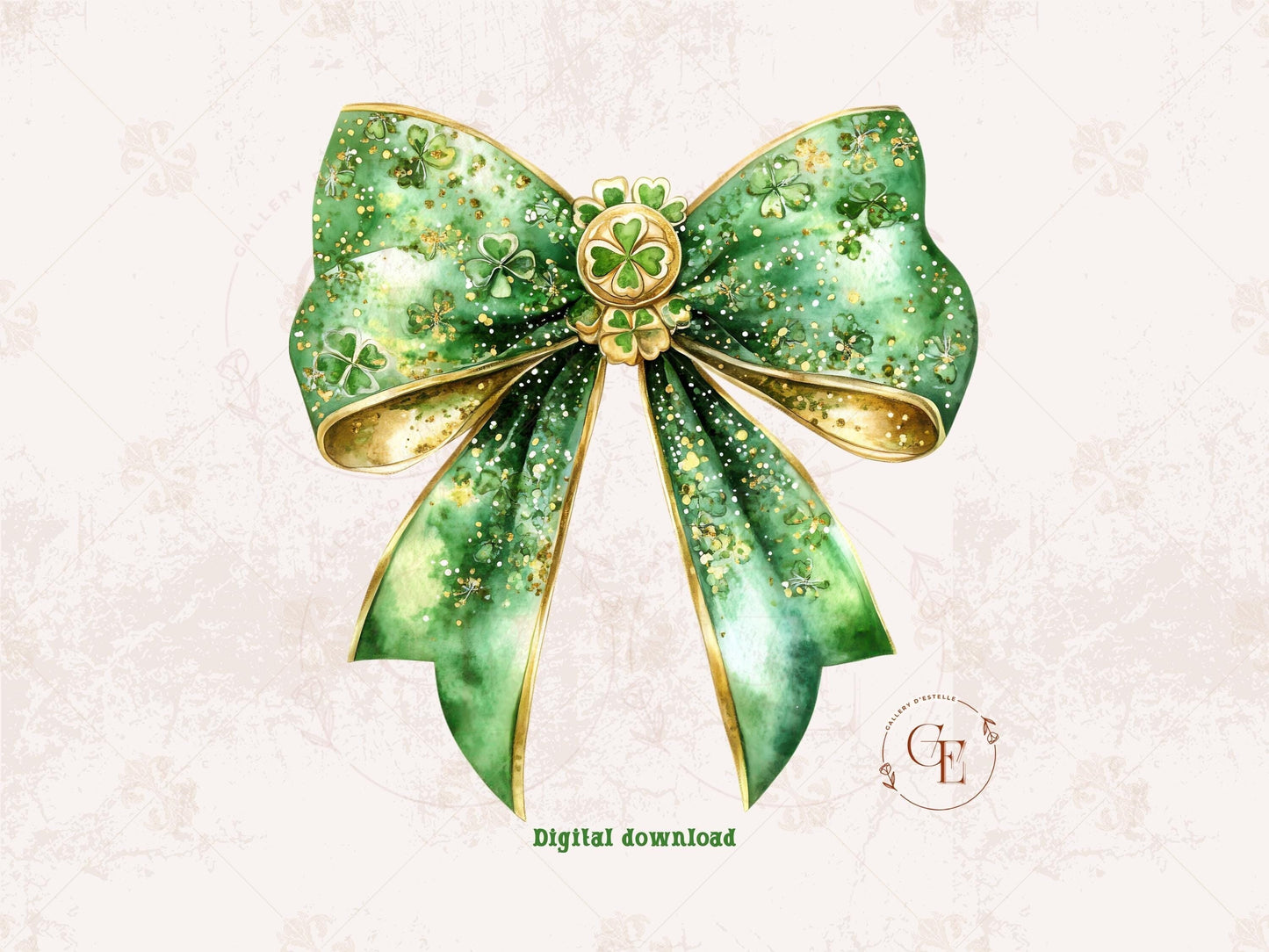 St. Patrick’s Day Green Bow PNG, Glittery Lucky Charm Design, Coquette Clover Clipart