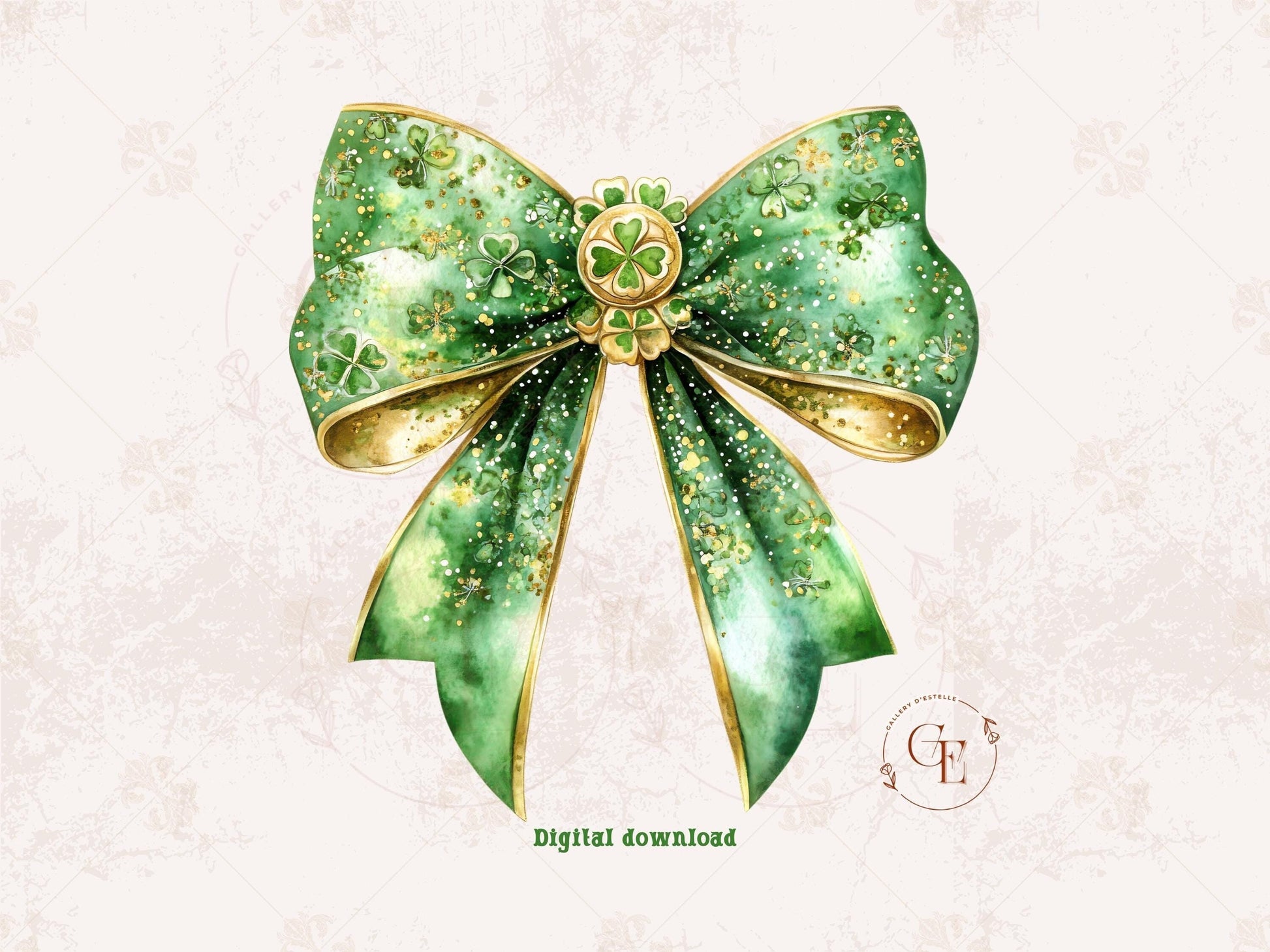 St. Patrick’s Day Green Bow PNG, Glittery Lucky Charm Design, Coquette Clover Clipart