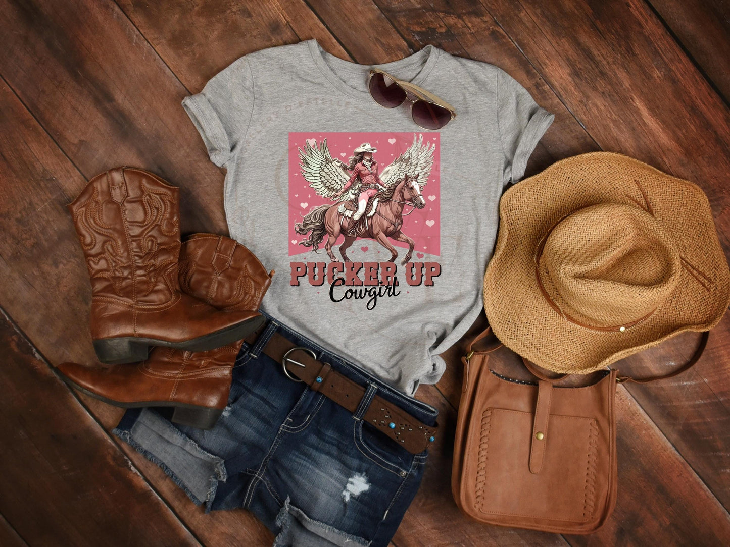 Pucker Up Cowgirl PNG, Vintage Western Valentine Graphic, Retro Cupid Horse Design, Trendy Country Shirt Sublimation
