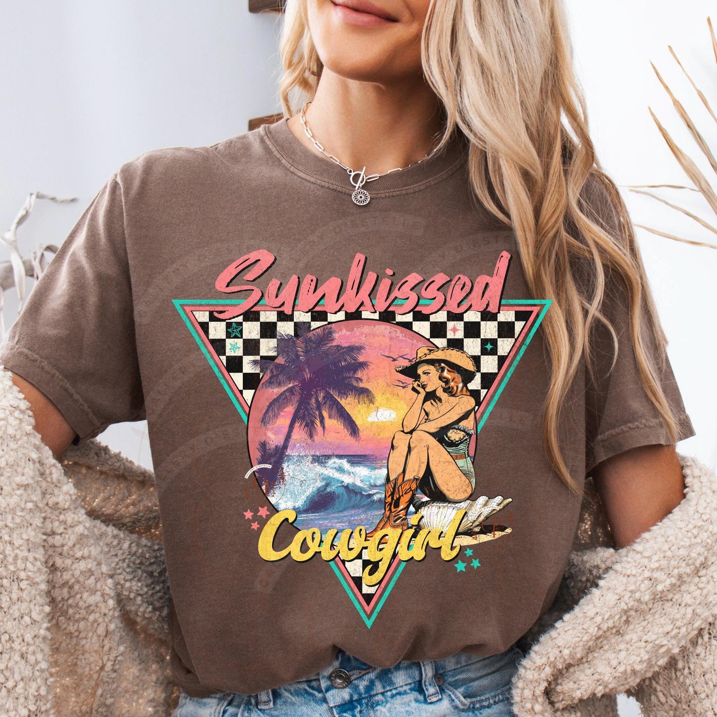 Sunkissed Cowgirl PNG, Retro Coastal Summer Vibes Graphic, Trendy Western Checkered Shirt Design