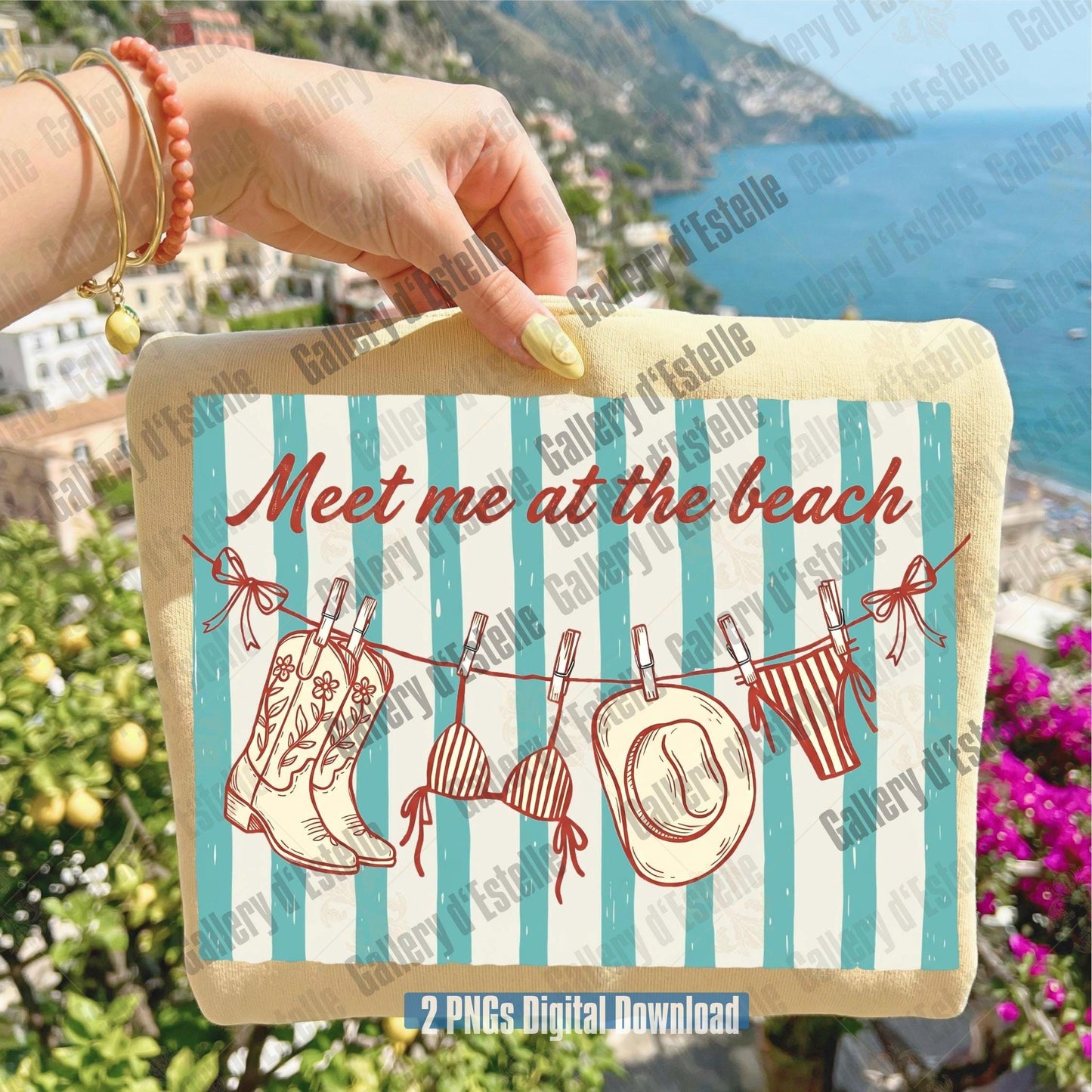 Hand holding a shirt with 'Meet me at the beach' text and western summer items on a scenic background.