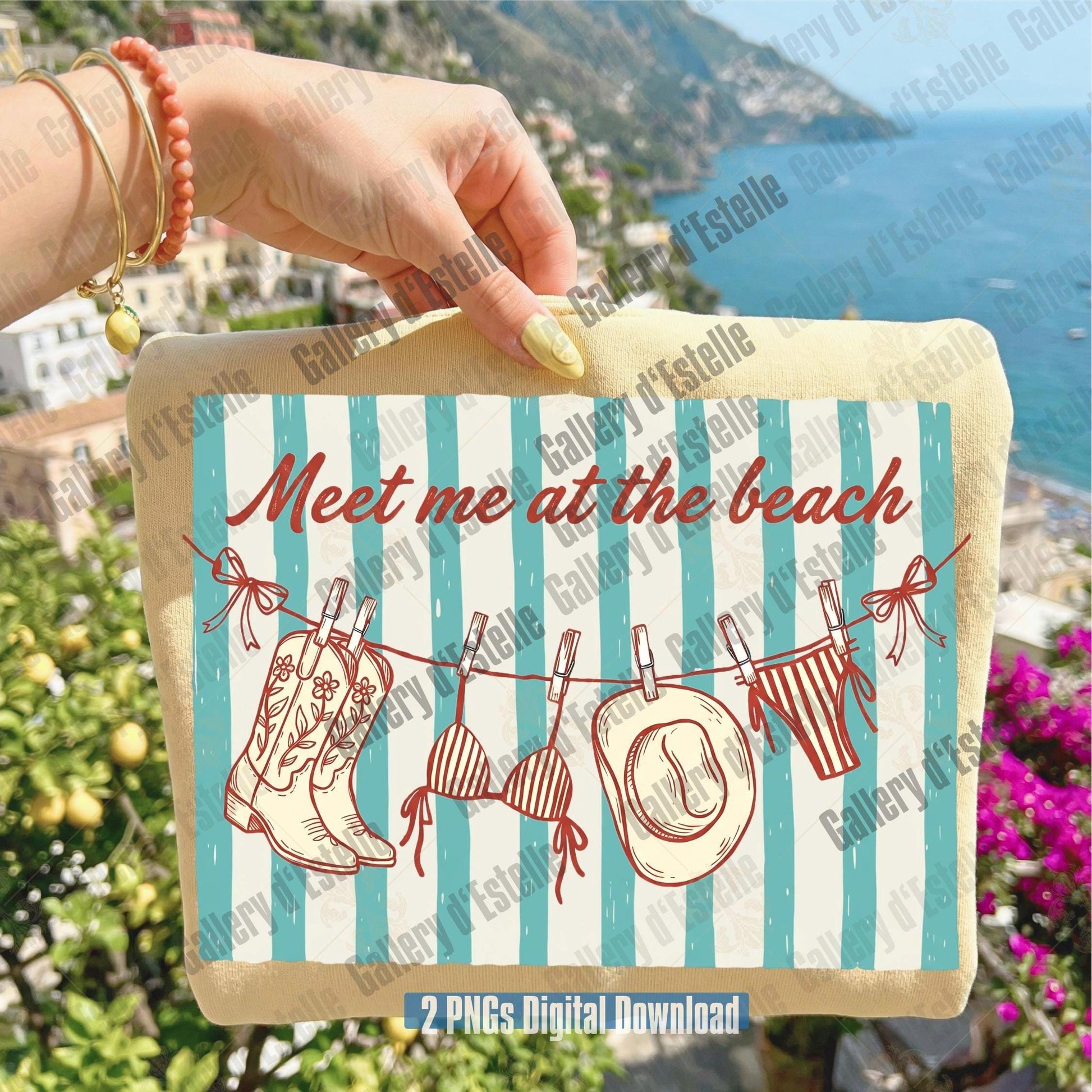 Hand holding a shirt with 'Meet me at the beach' text and western summer items on a scenic background.