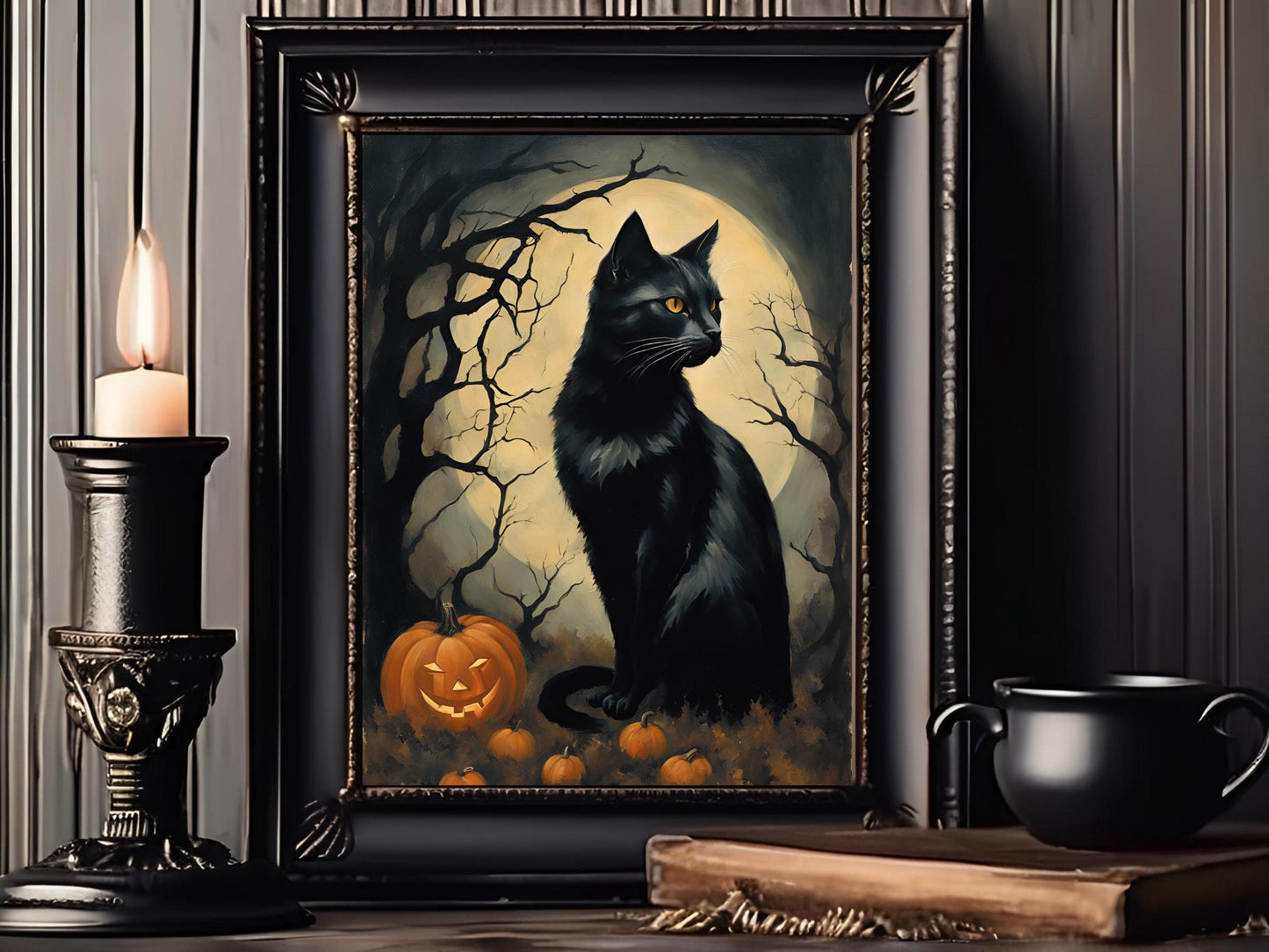 Haunted Black Cats Wall Art Set, Eerie Feline Dark Aesthetic Prints for Gothic Halloween Decor